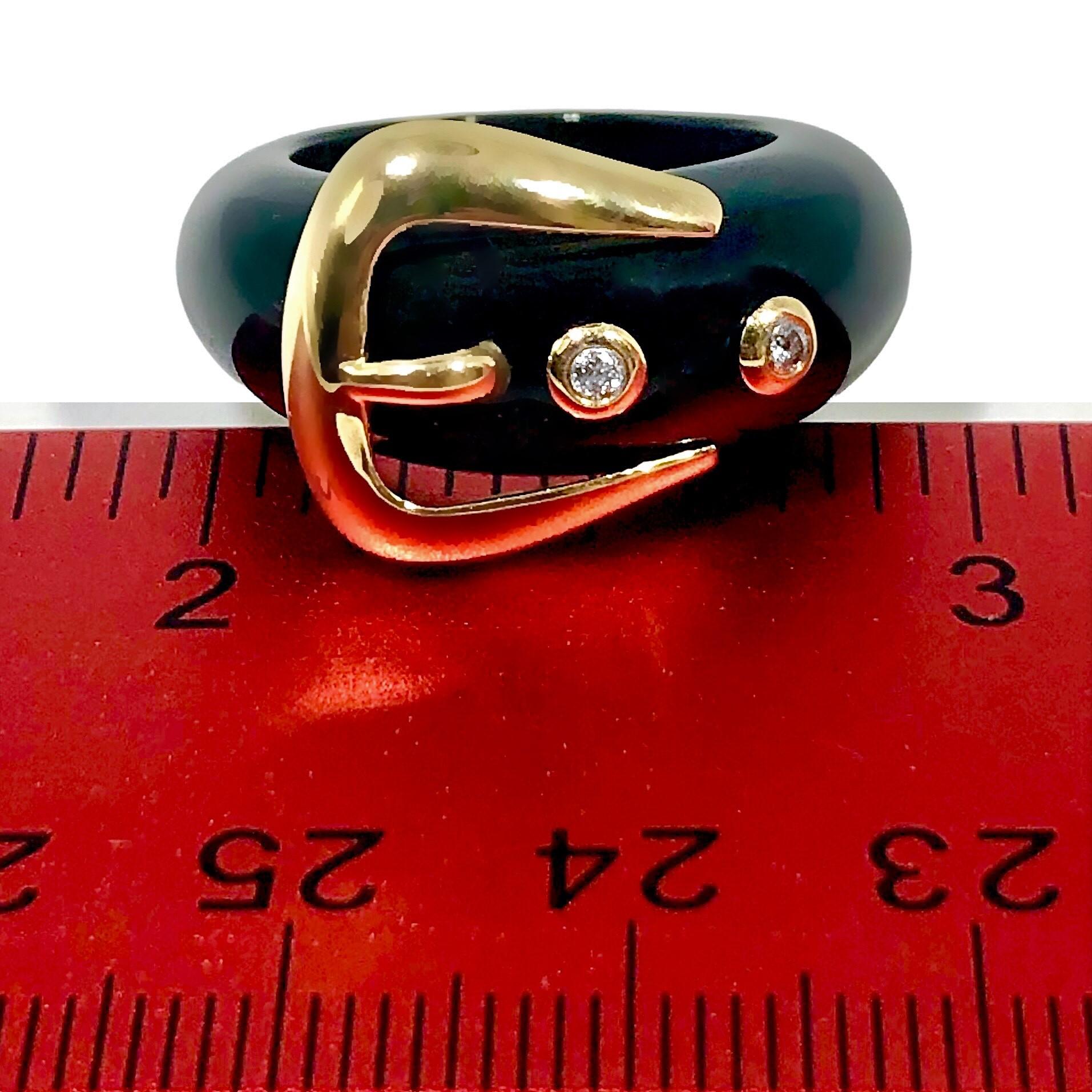 Women's Black Onyx, 14K Yellow Gold and Diamond Buckle Ring For Sale
