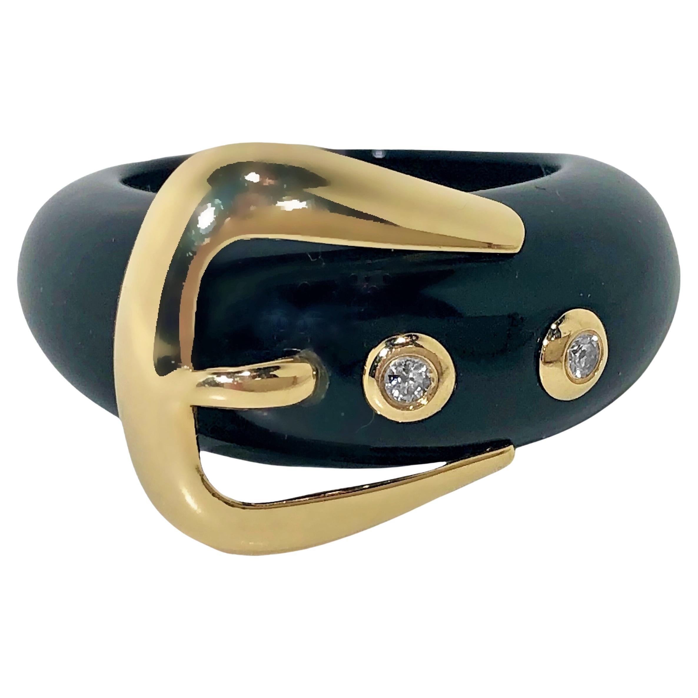 Black Onyx, 14K Yellow Gold and Diamond Buckle Ring For Sale