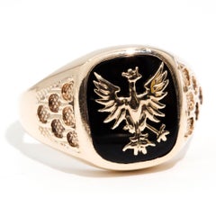 Black Onyx 9 Carat Yellow Gold Mens Vintage Signet Ring with Pheonix Design