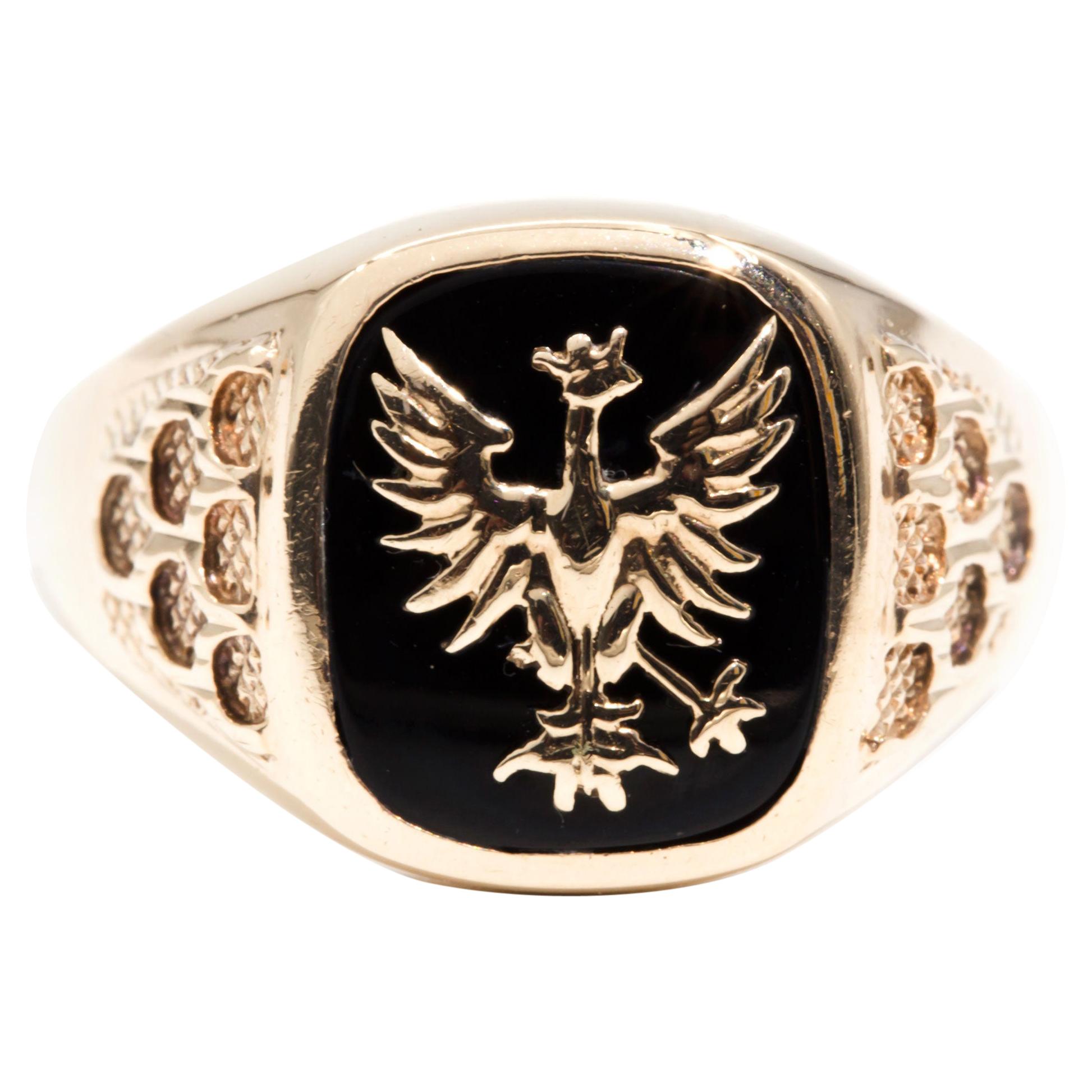 Black Onyx 9 Carat Yellow Gold Mens Vintage Signet Ring with Pheonix Design