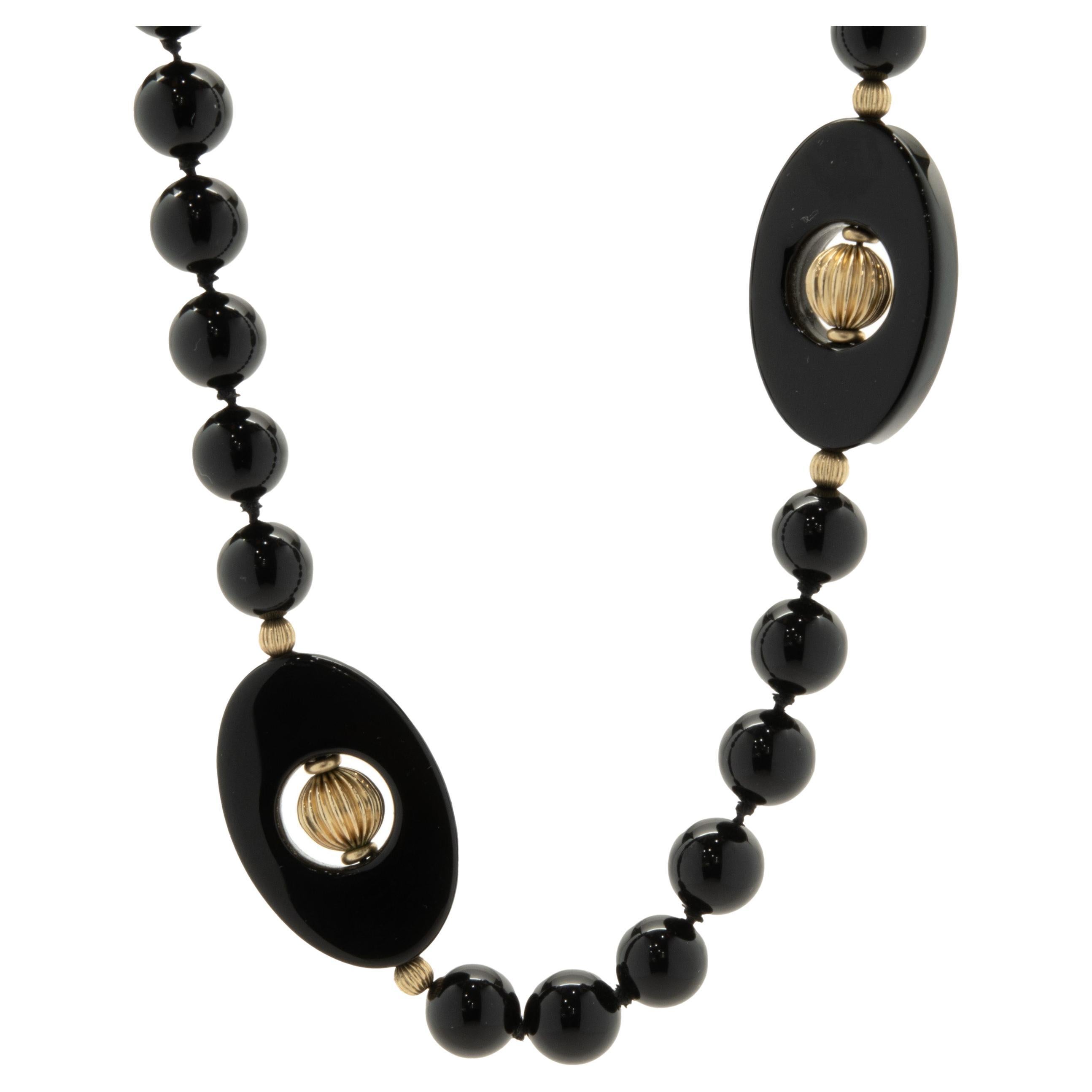 Black Onyx and 14 Karat Yellow Gold Beaded Necklace For Sale
