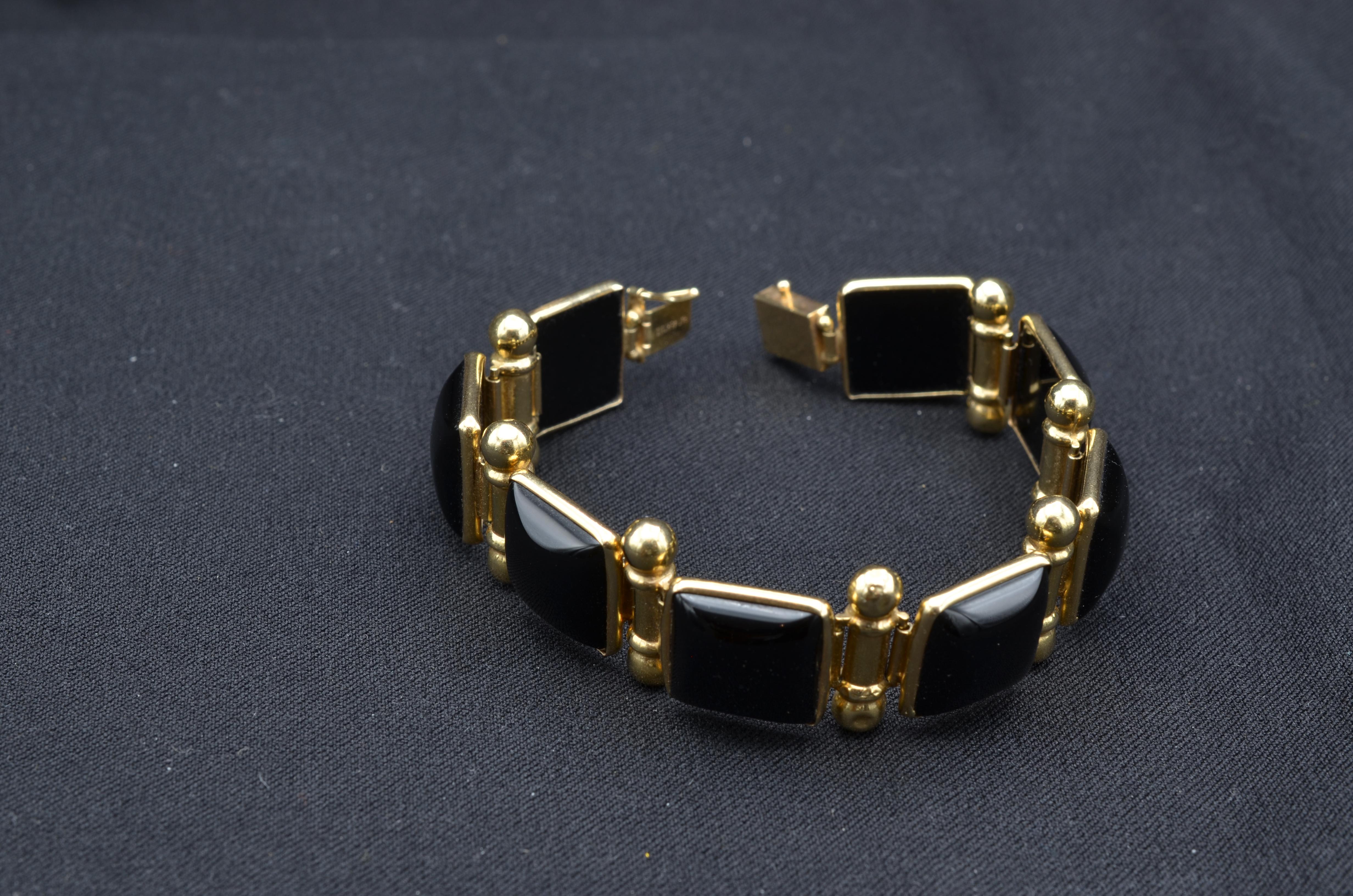Modernist Black Onyx and 14 Karat Gold Link Bracelet