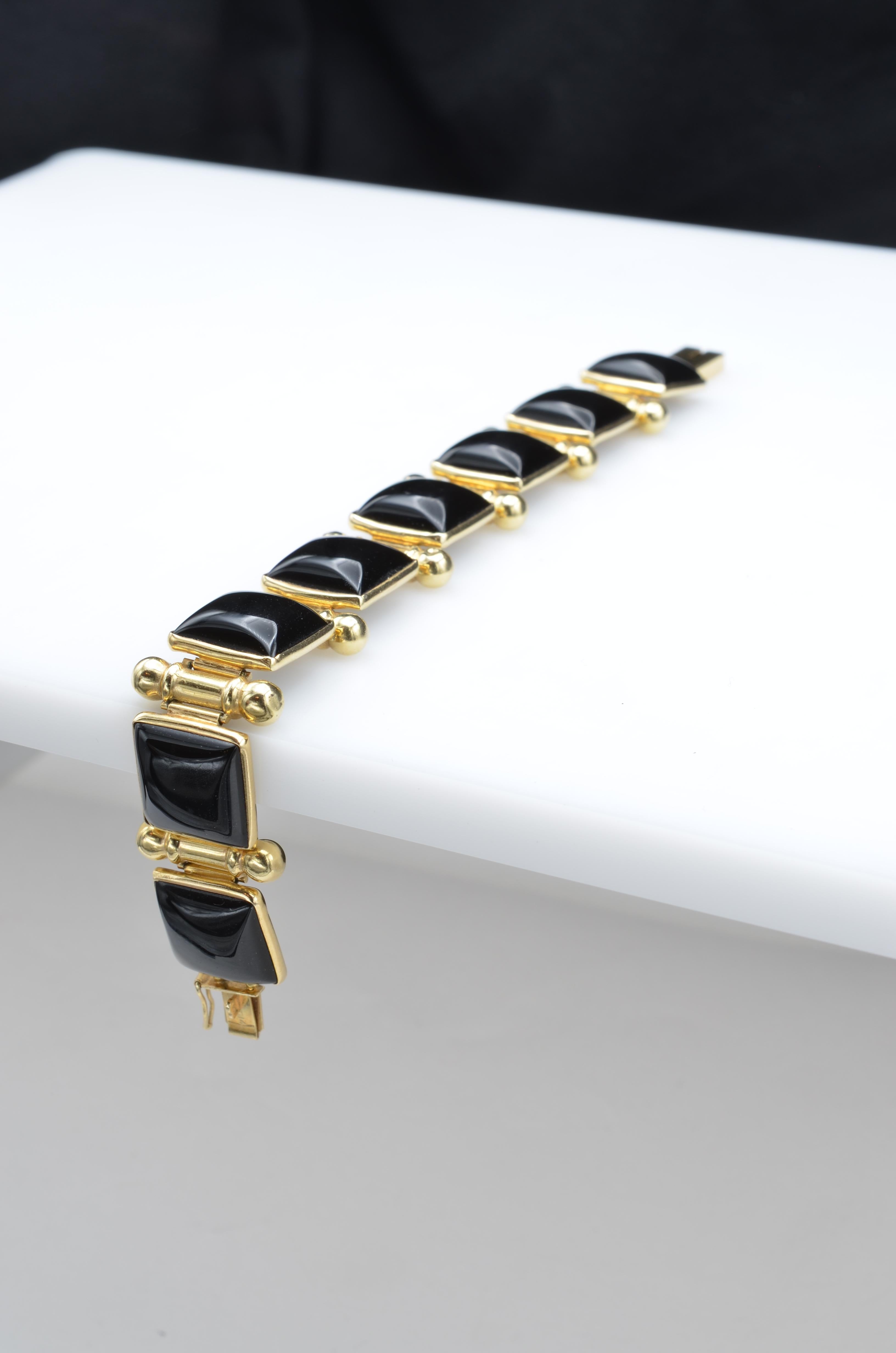 Black Onyx and 14 Karat Gold Link Bracelet In Good Condition In Berkeley, CA