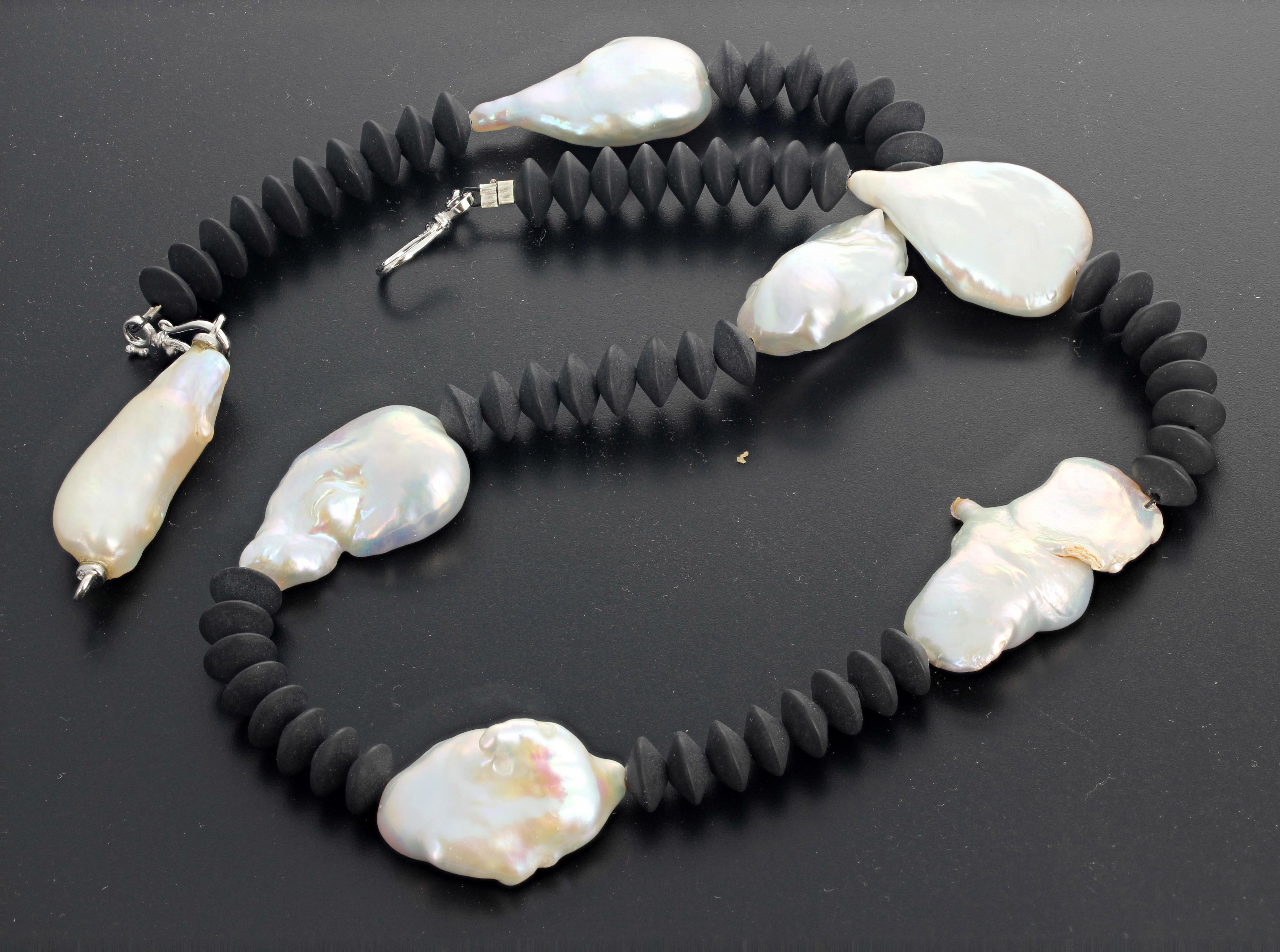 AJD Abstract Modern Black Onyx and Cultured Ocean Pearl Coctail Necklace In New Condition In Raleigh, NC
