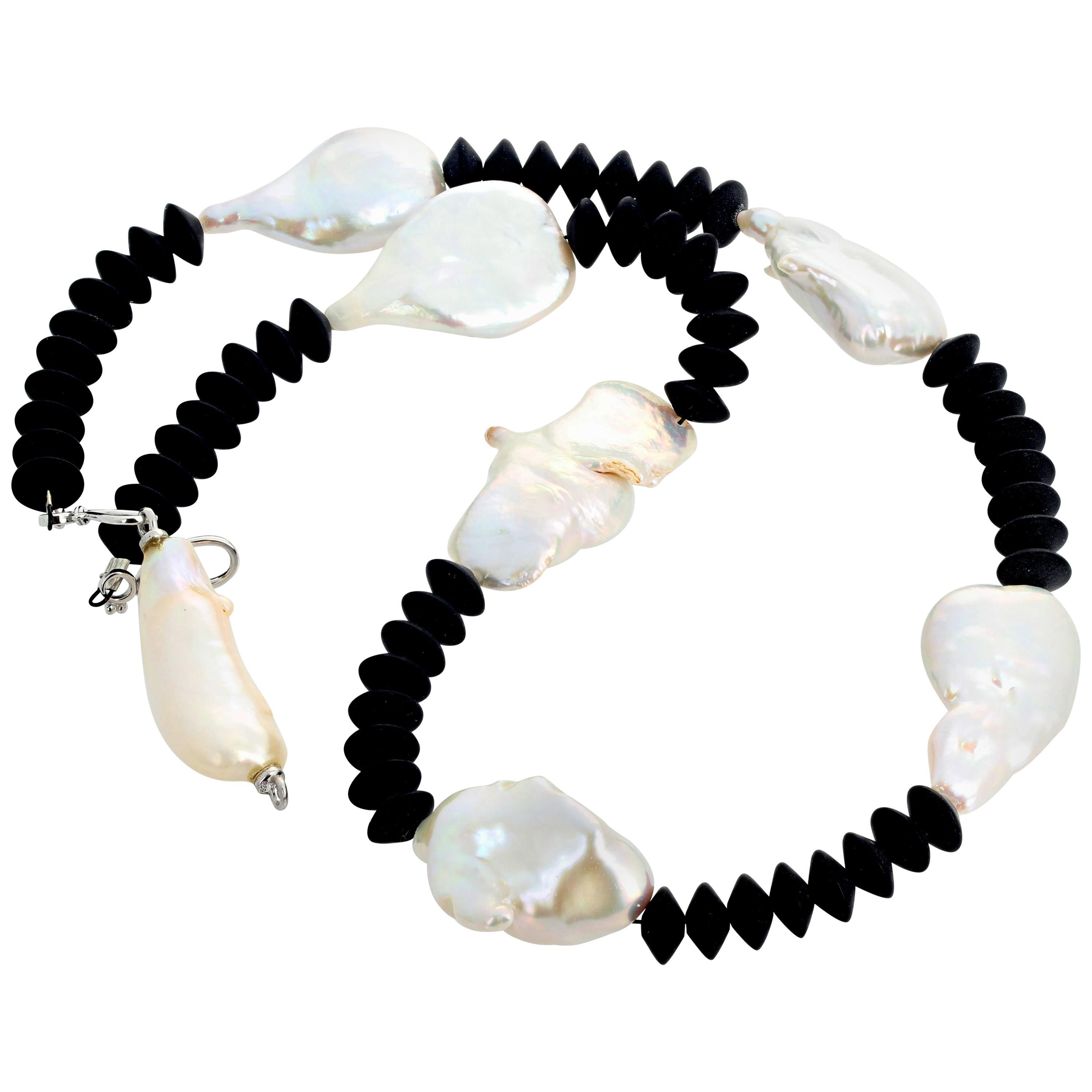 AJD Abstract Modern Black Onyx and Cultured Ocean Pearl Coctail Necklace