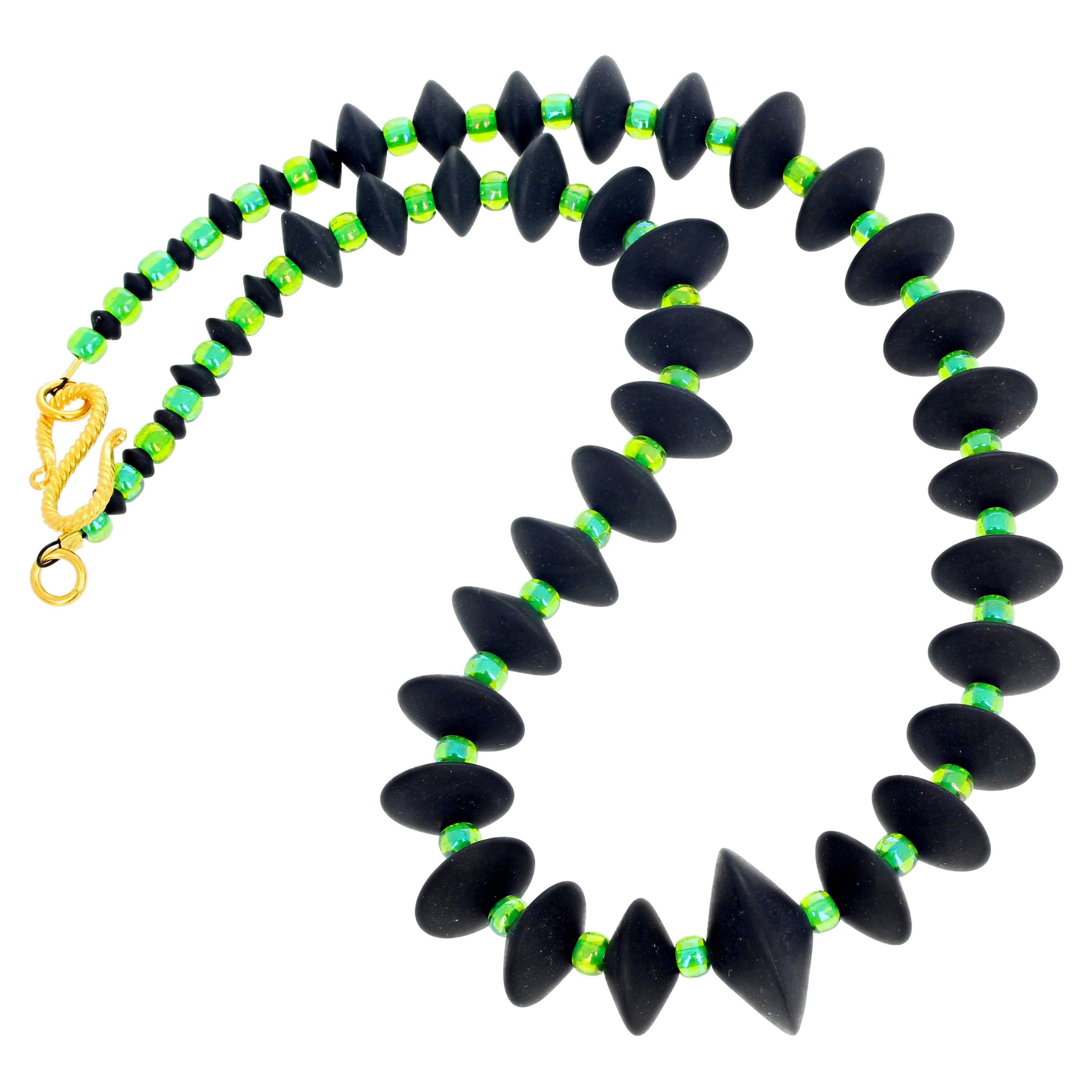 AJD Splendid Unusual Real Black Onyx & Sparkling Green Crystal 17.25" Necklace For Sale