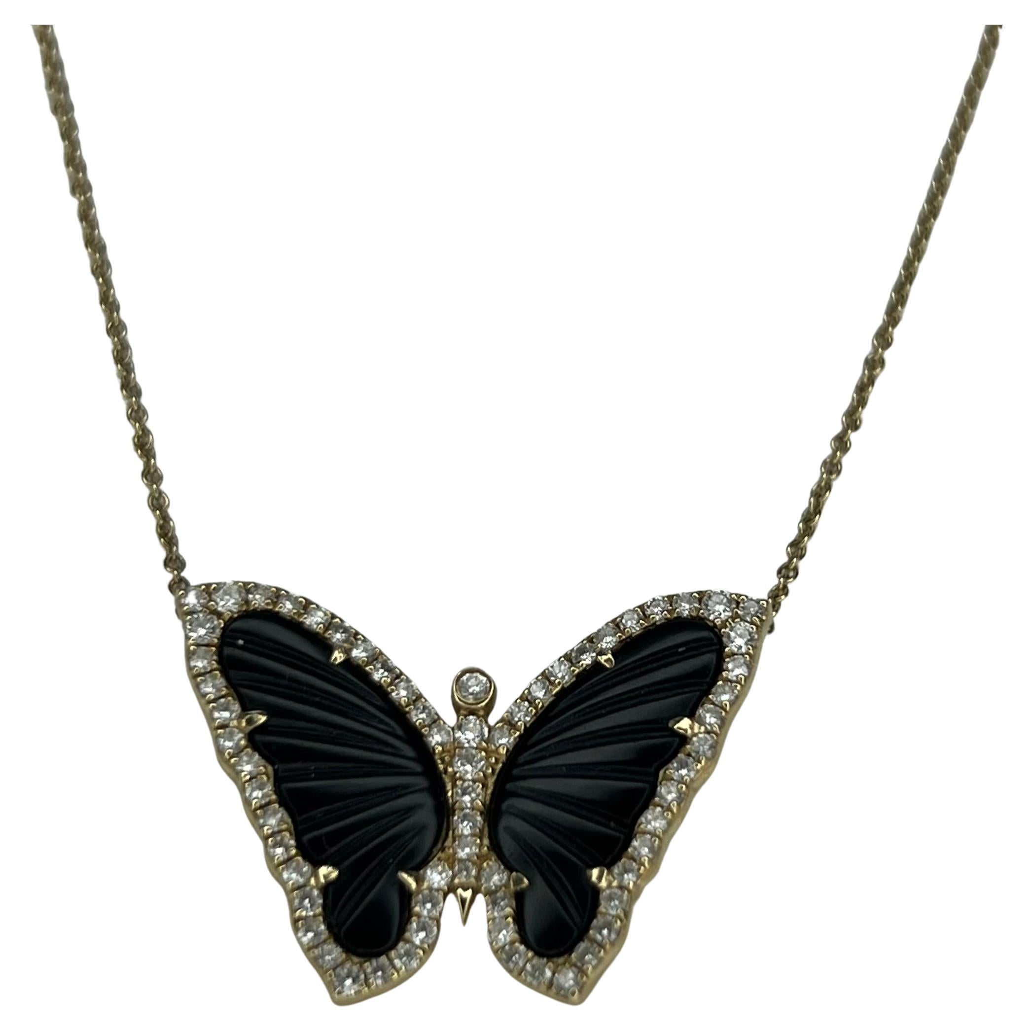 Black Onyx and Diamond Butterfly Pendant Necklace For Sale