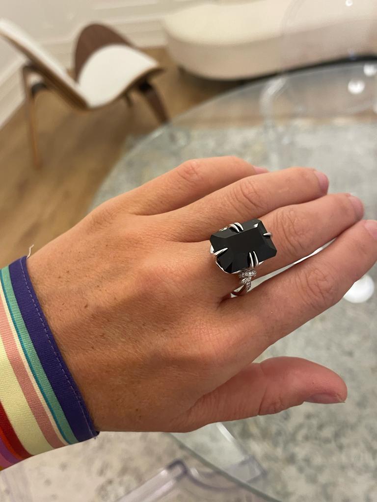 For Sale:  Black Onyx and Diamond Cocktail Forget Me Knot Unisex ring in 18ct white gold  10