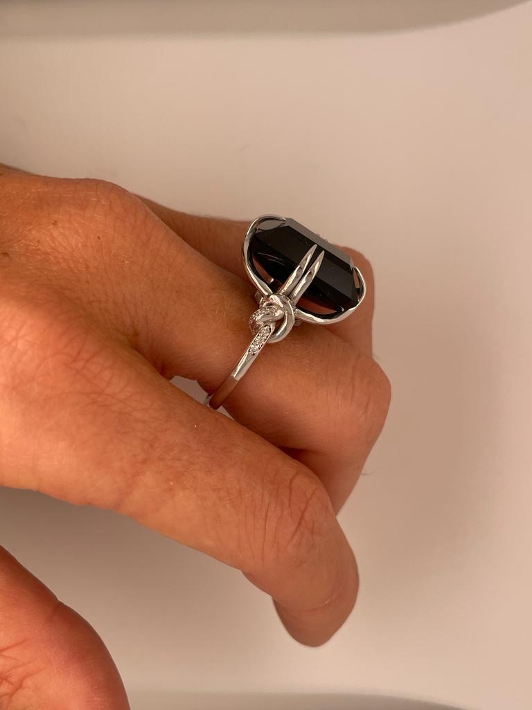 For Sale:  Black Onyx and Diamond Cocktail Forget Me Knot Unisex ring in 18ct white gold  11