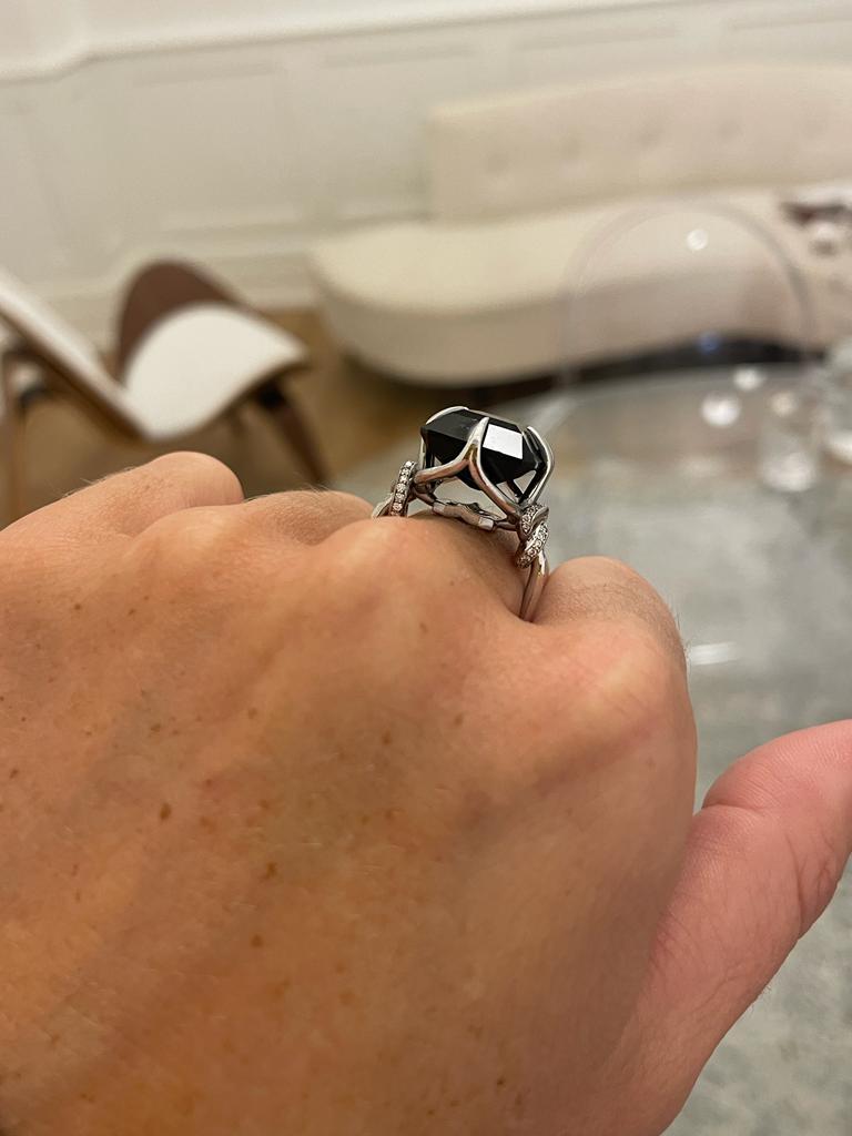 For Sale:  Black Onyx and Diamond Cocktail Forget Me Knot Unisex ring in 18ct white gold  12