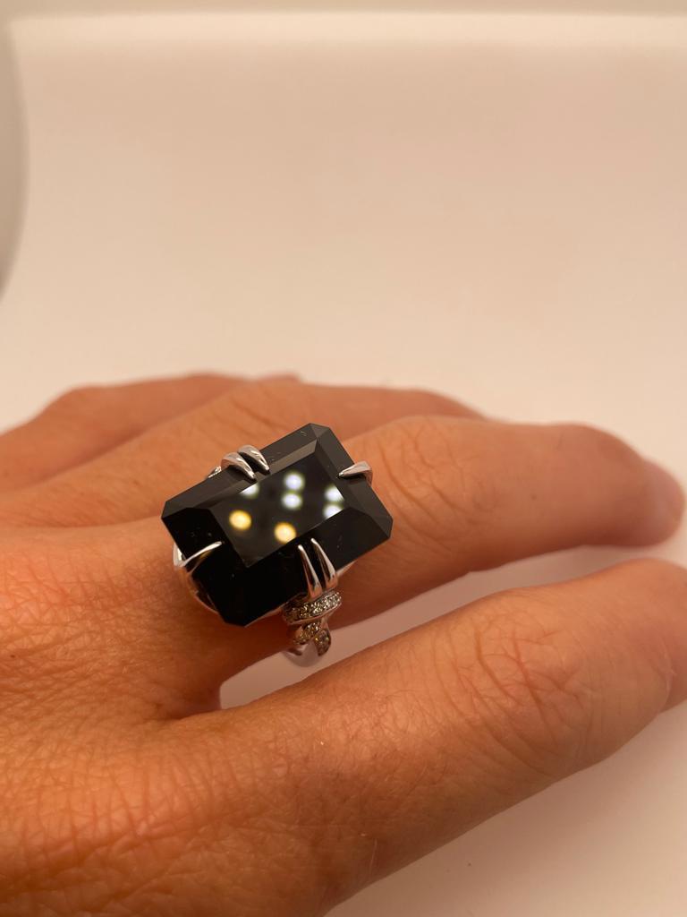 For Sale:  Black Onyx and Diamond Cocktail Forget Me Knot Unisex ring in 18ct white gold  7