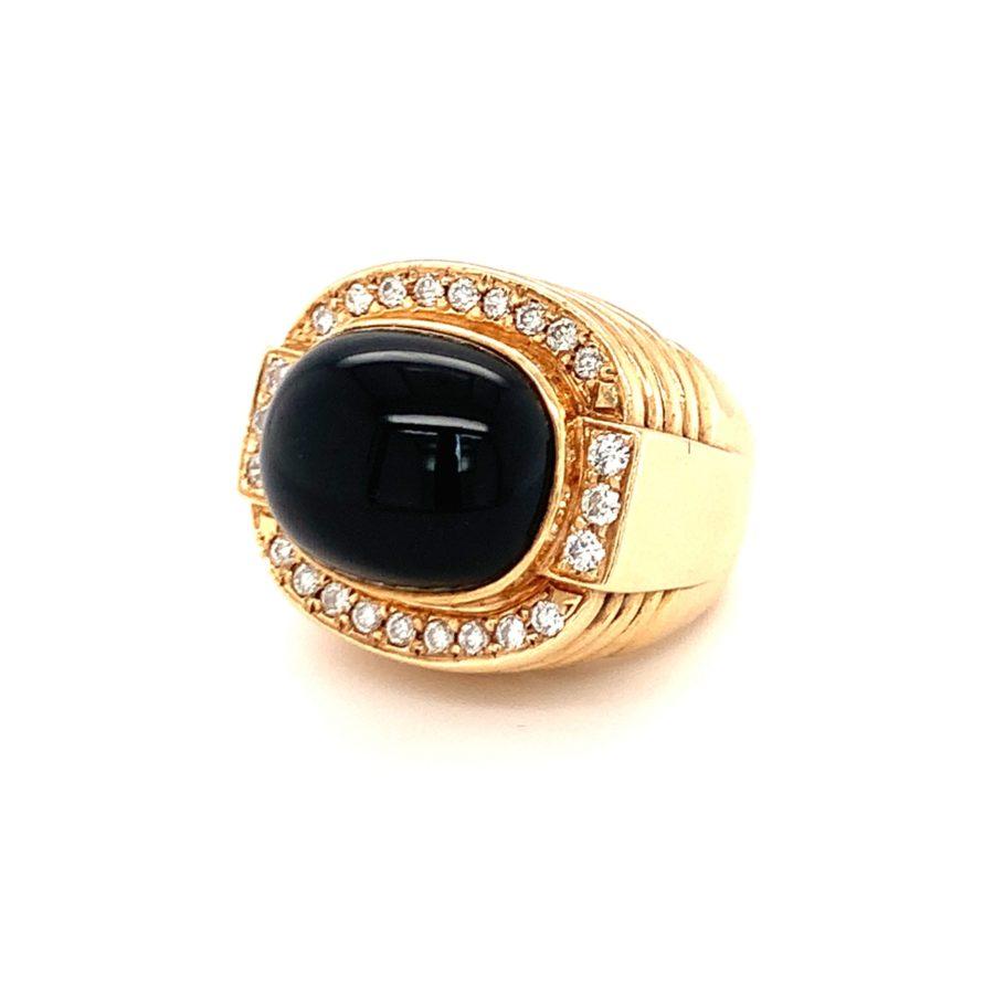 Cabochon Black Onyx and Diamond Dome Yellow Gold Ring, circa 1970s For Sale
