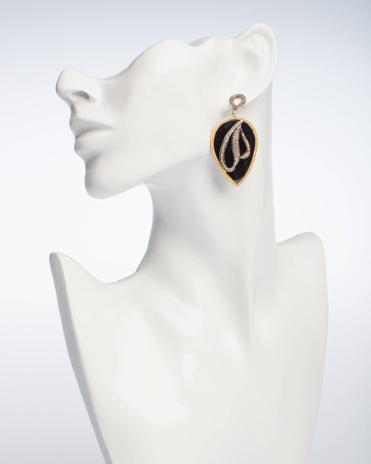 Pear Cut Black Onyx and Diamond Drop Earrings