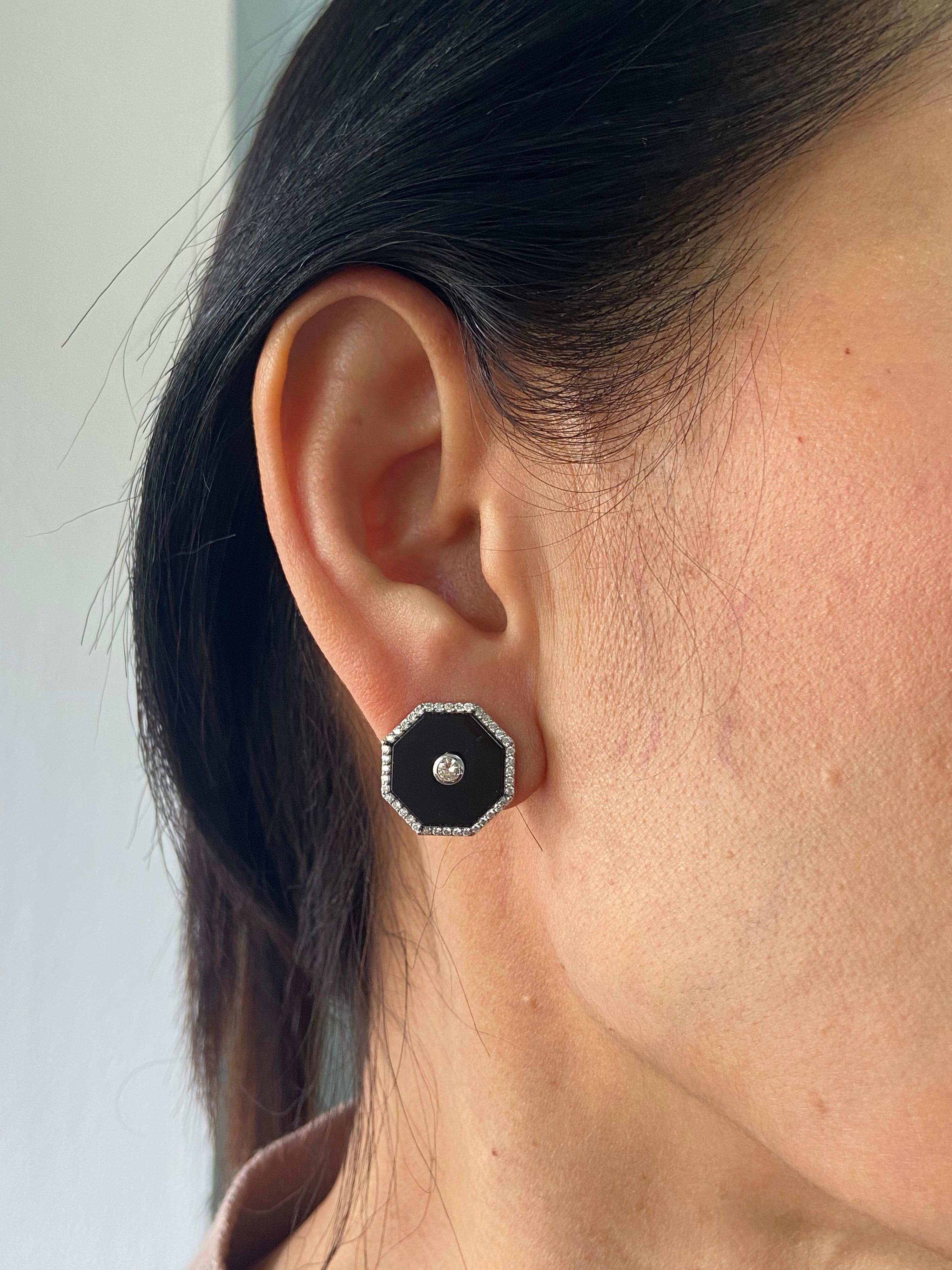 Hexagon Cut Black Onyx and Diamond Earring Studs For Sale