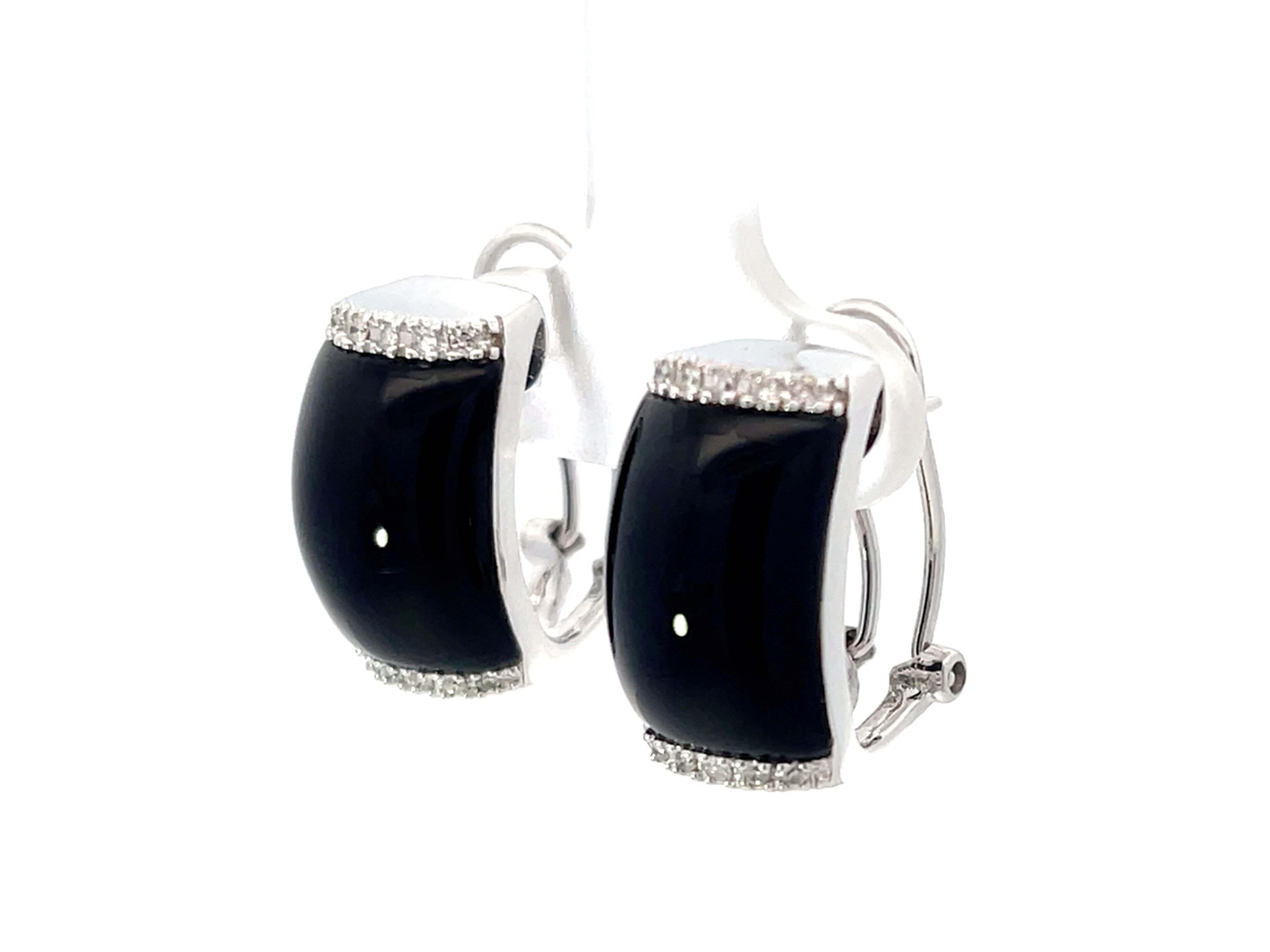 Cabochon Black Onyx and Diamond Earrings 14k White Gold For Sale