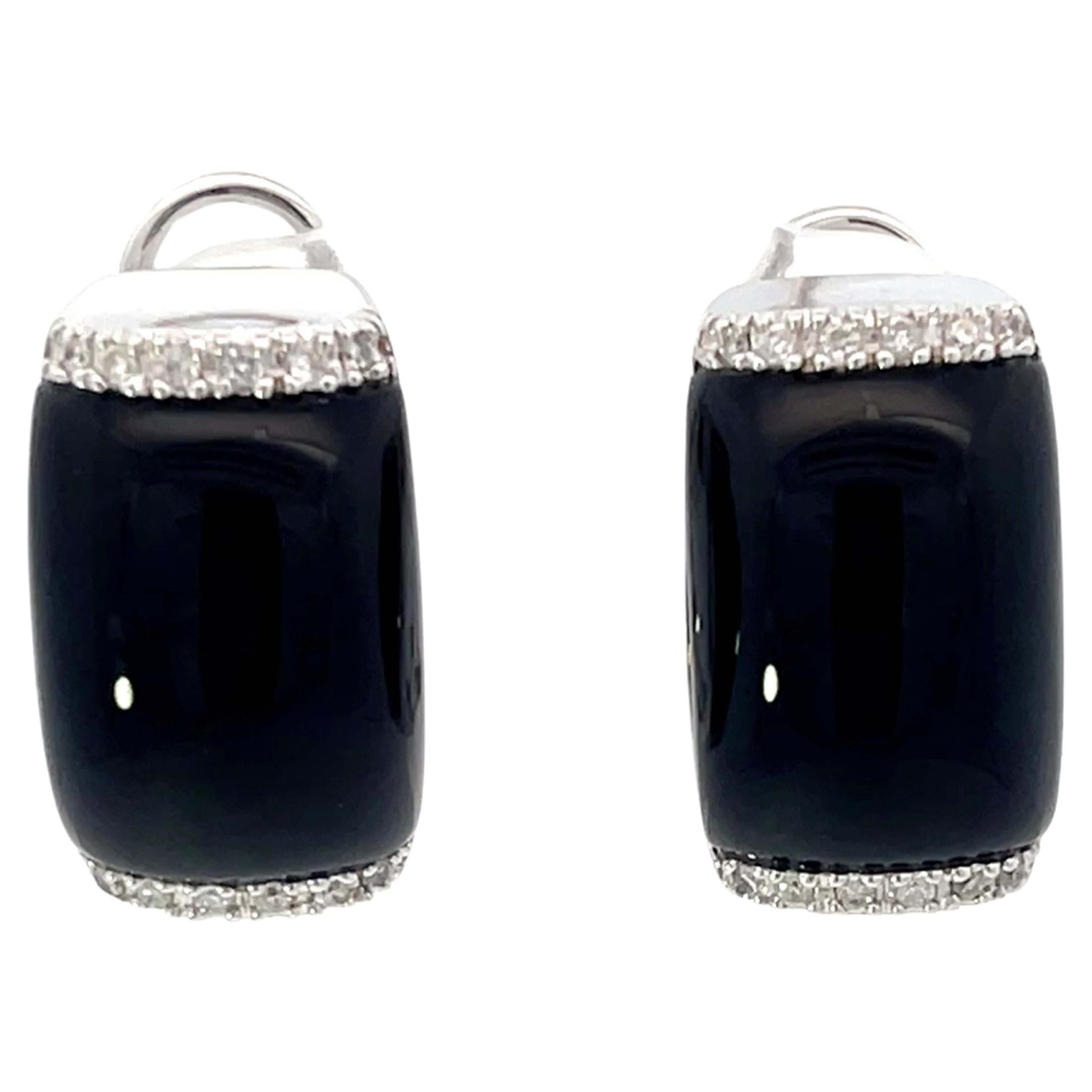 Black Onyx and Diamond Earrings 14k White Gold For Sale