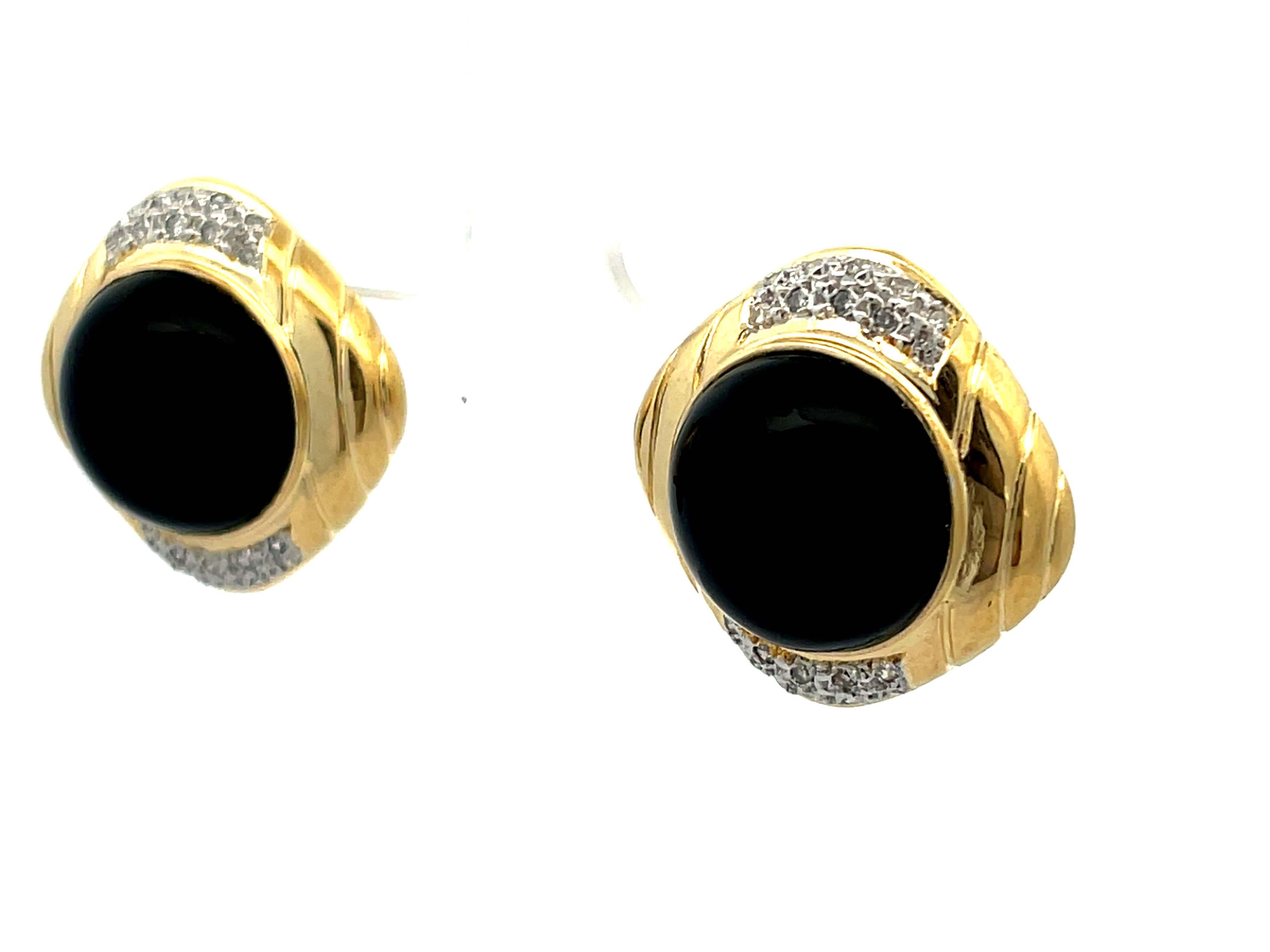 Brilliant Cut Black Onyx and Diamond Earrings in 14k Yellow Gold For Sale