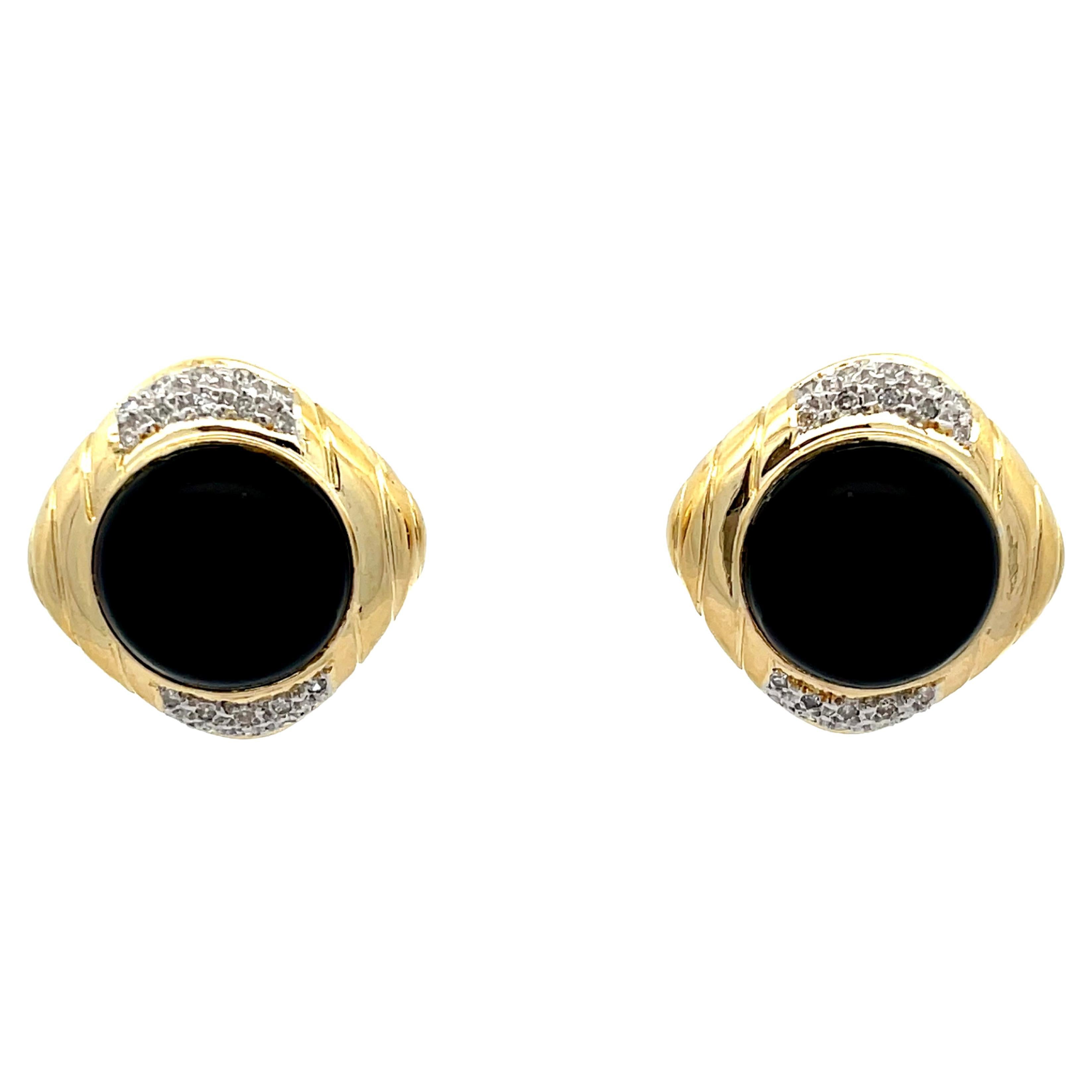 Black Onyx and Diamond Earrings in 14k Yellow Gold For Sale