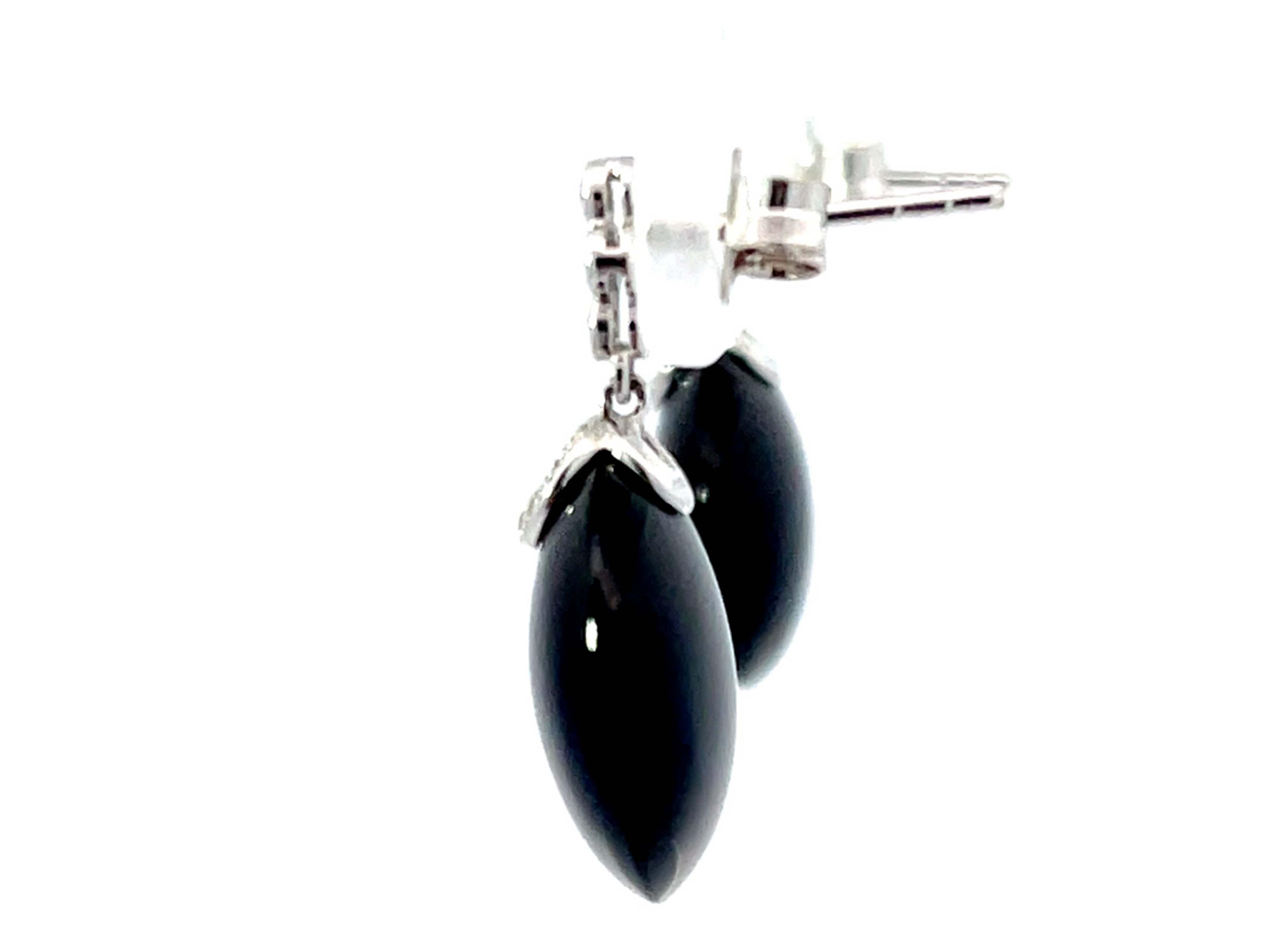 Round Cut Black Onyx and Diamond Earrings in 18k White Gold For Sale
