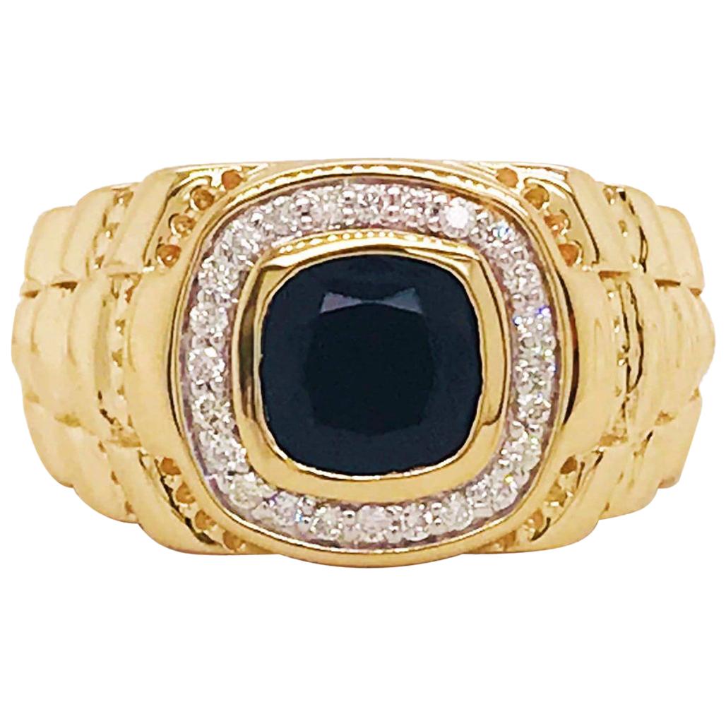 For Sale:  Black Onyx and Diamond Halo Men's Band 14K Yellow Gold .25 Carat Diamond Ring