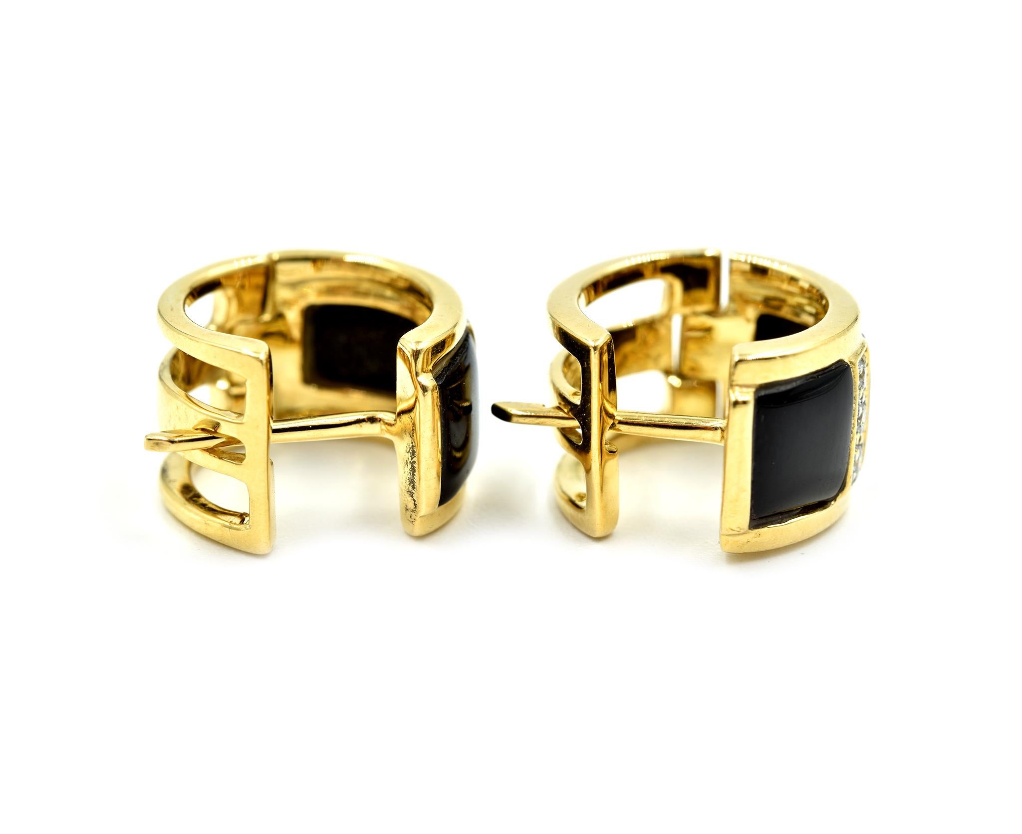 Designer: custom design
Material: 18k yellow gold and black onyx
Diamonds: six round brilliant cuts = 0.09 carat total weight
Dimensions: each earring measures 1/2 inches long and 3/8 inches wide 
Fastenings: snap closure fastenings
Weight: 8.70