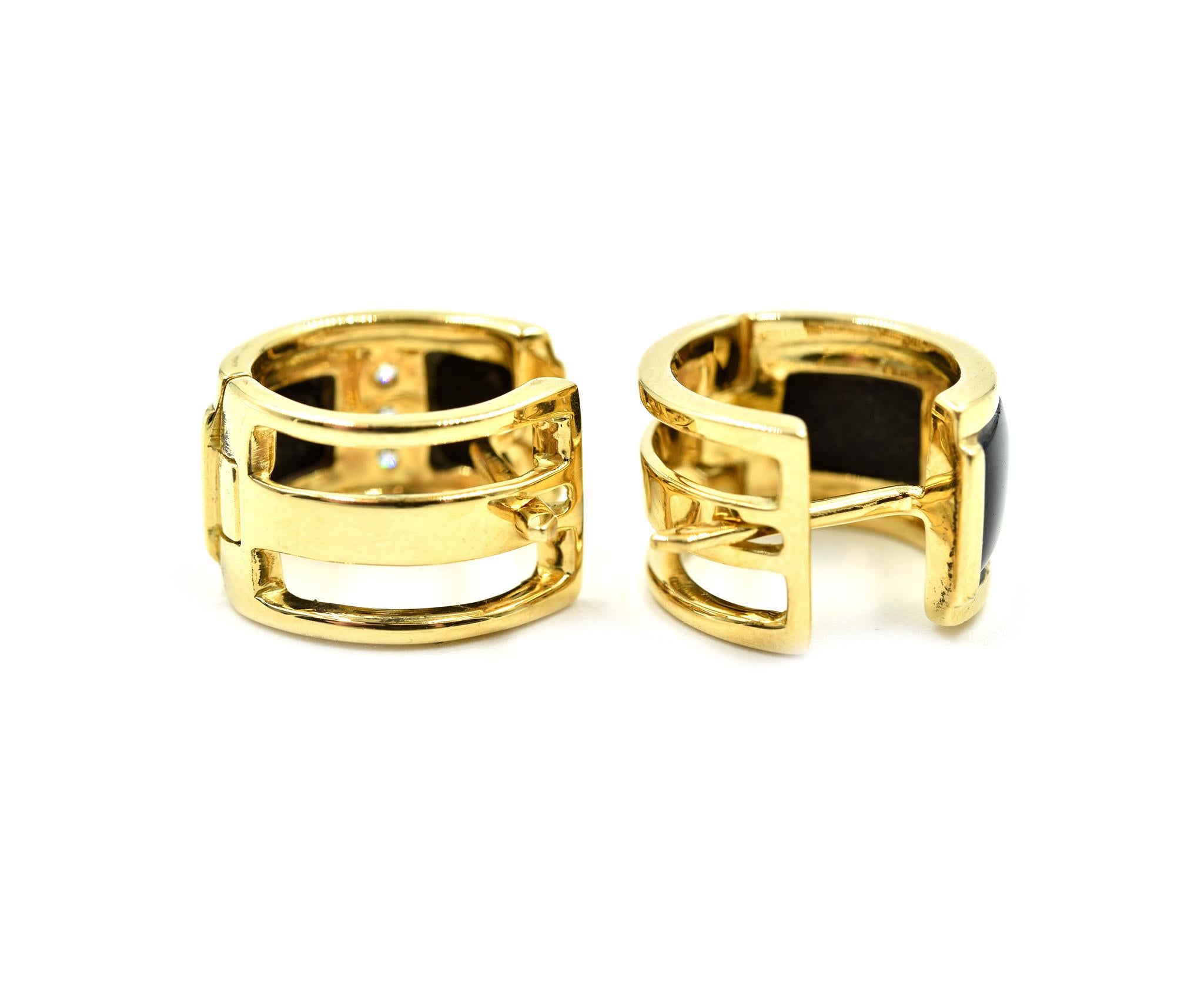 Contemporary Black Onyx and Diamond Huggie Earrings 18 Karat Yellow Gold