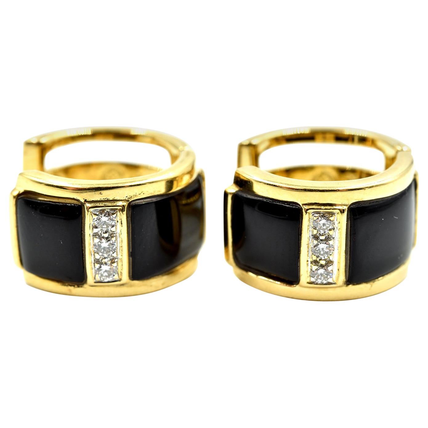 Black Onyx and Diamond Huggie Earrings 18 Karat Yellow Gold