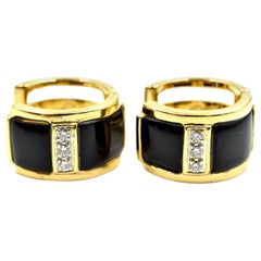 Black Onyx and Diamond Huggie Earrings 18 Karat Yellow Gold