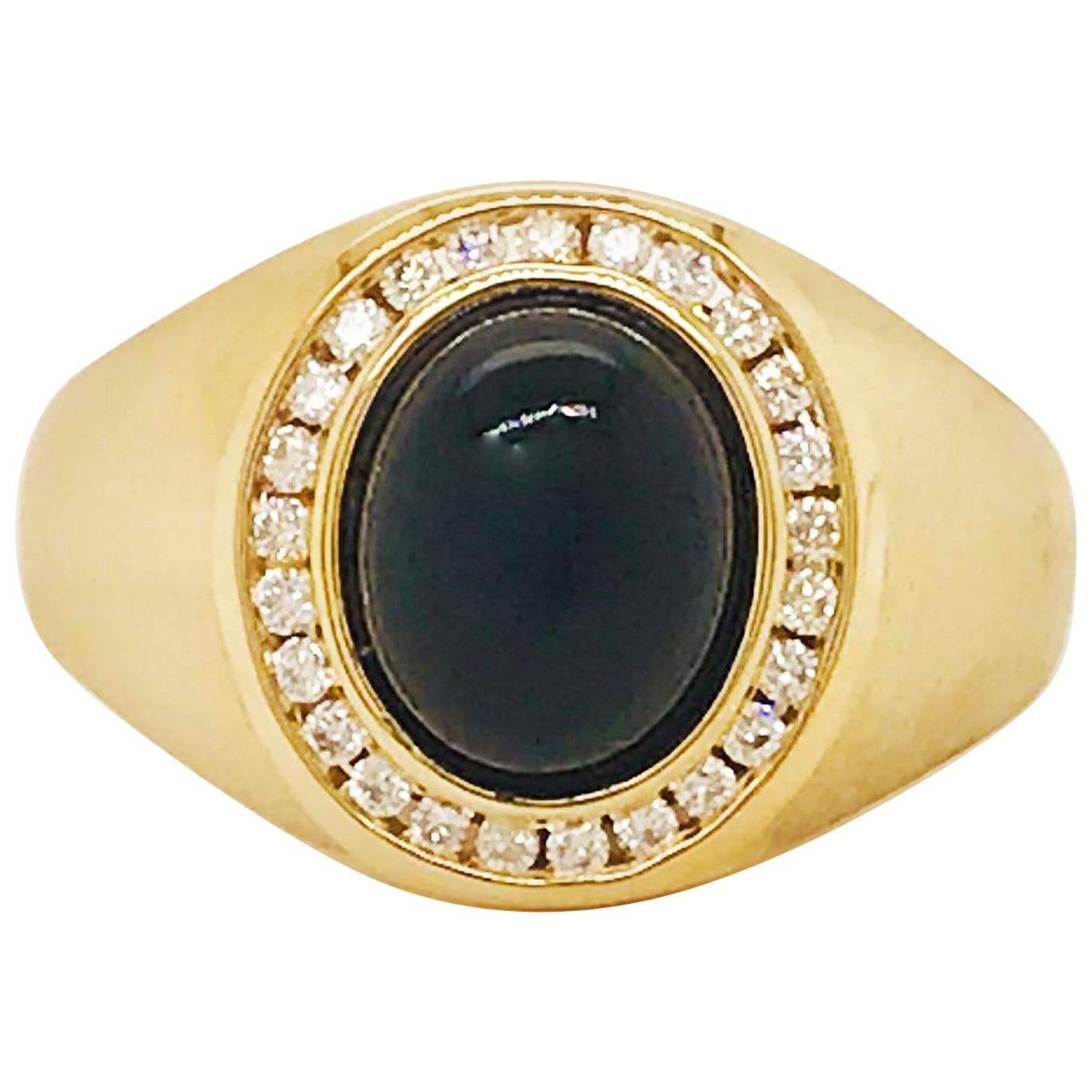Black Onyx and Diamond Men's Ring 14 Karat Gold Satin Finish, Man's Oval Ring