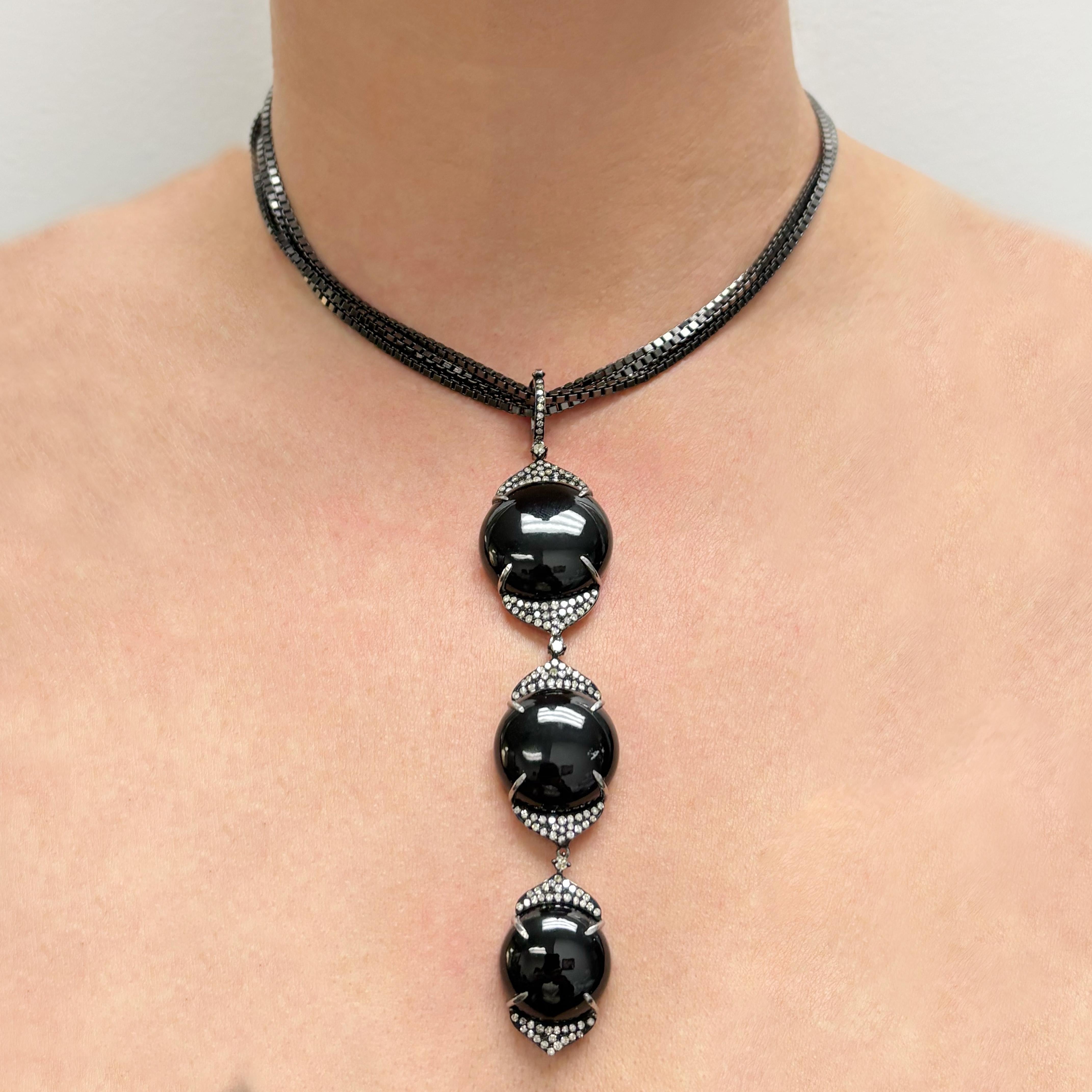 Black Onyx and Diamond Pendant on Triple Chain Paradizia Necklace In New Condition For Sale In Laguna Beach, CA