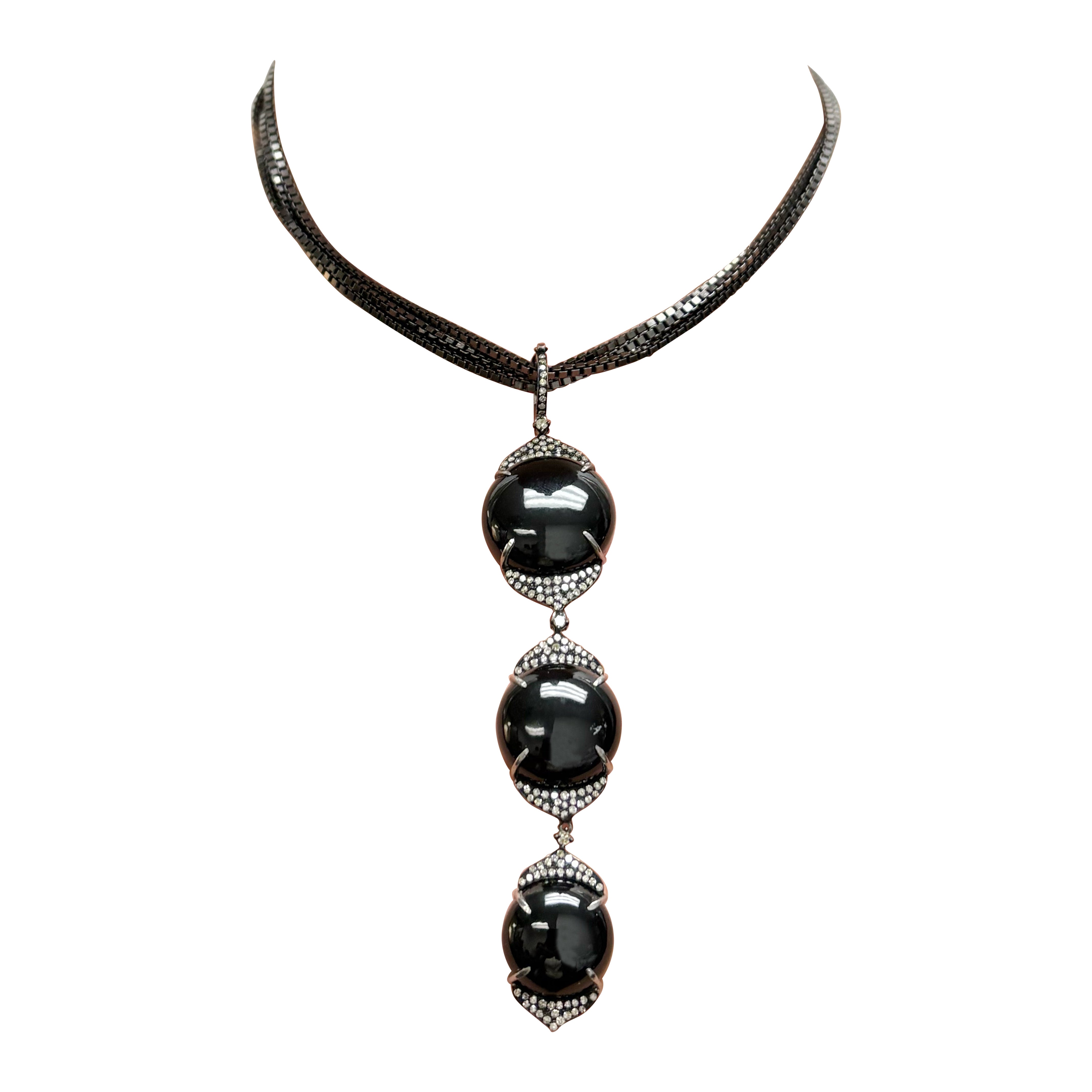 Black Onyx and Diamond Pendant on Triple Chain Paradizia Necklace For Sale