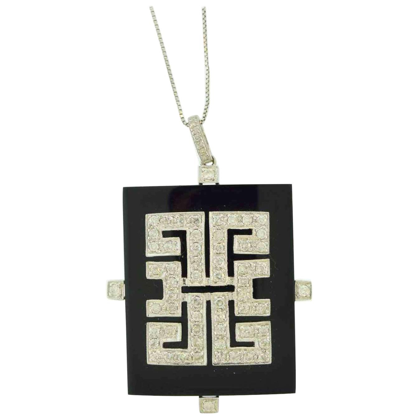 Black Onyx and Diamond Square Necklace/Pendant White Gold