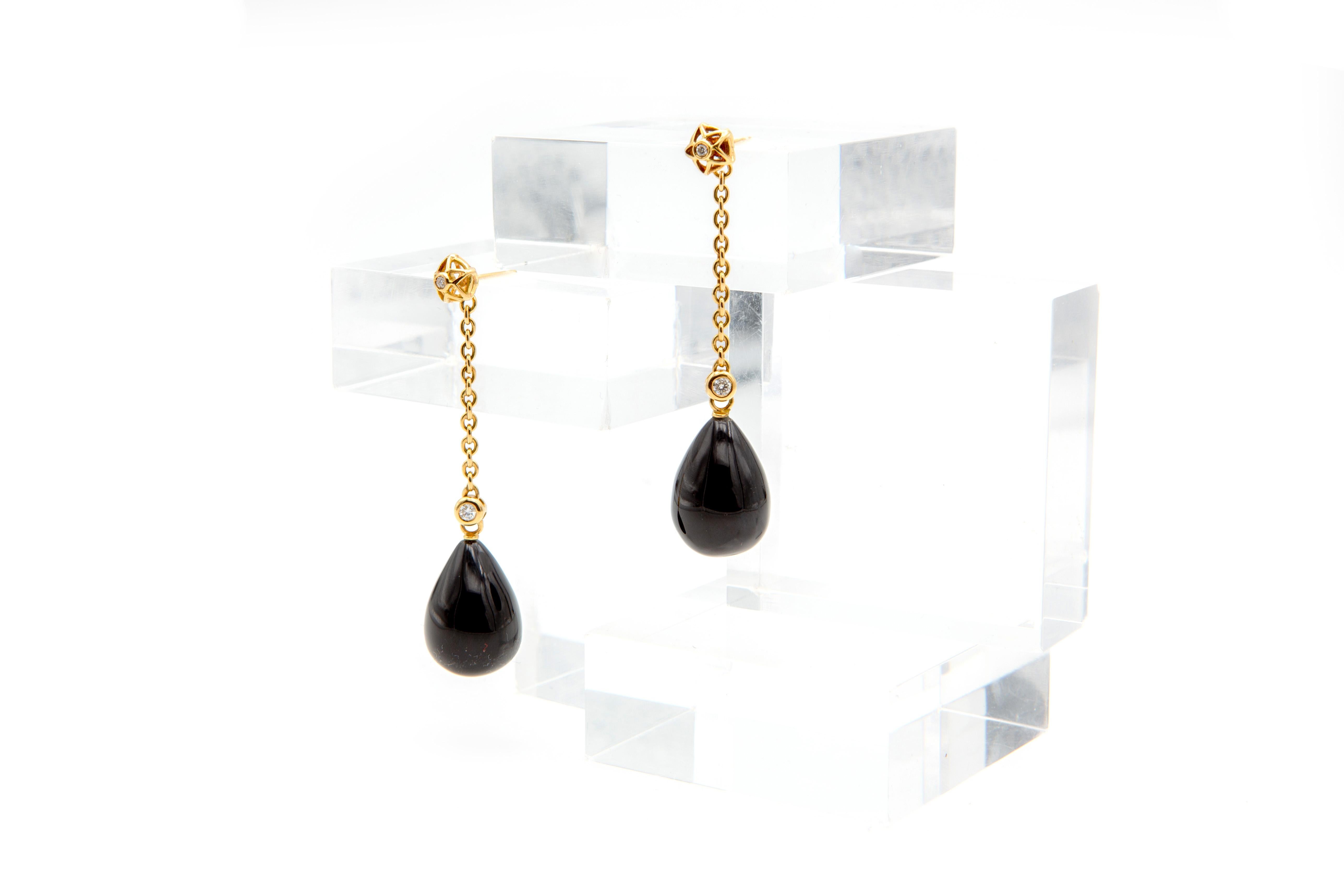 Modern Black Onyx and Diamonds Long Gold Pendant Earrings 