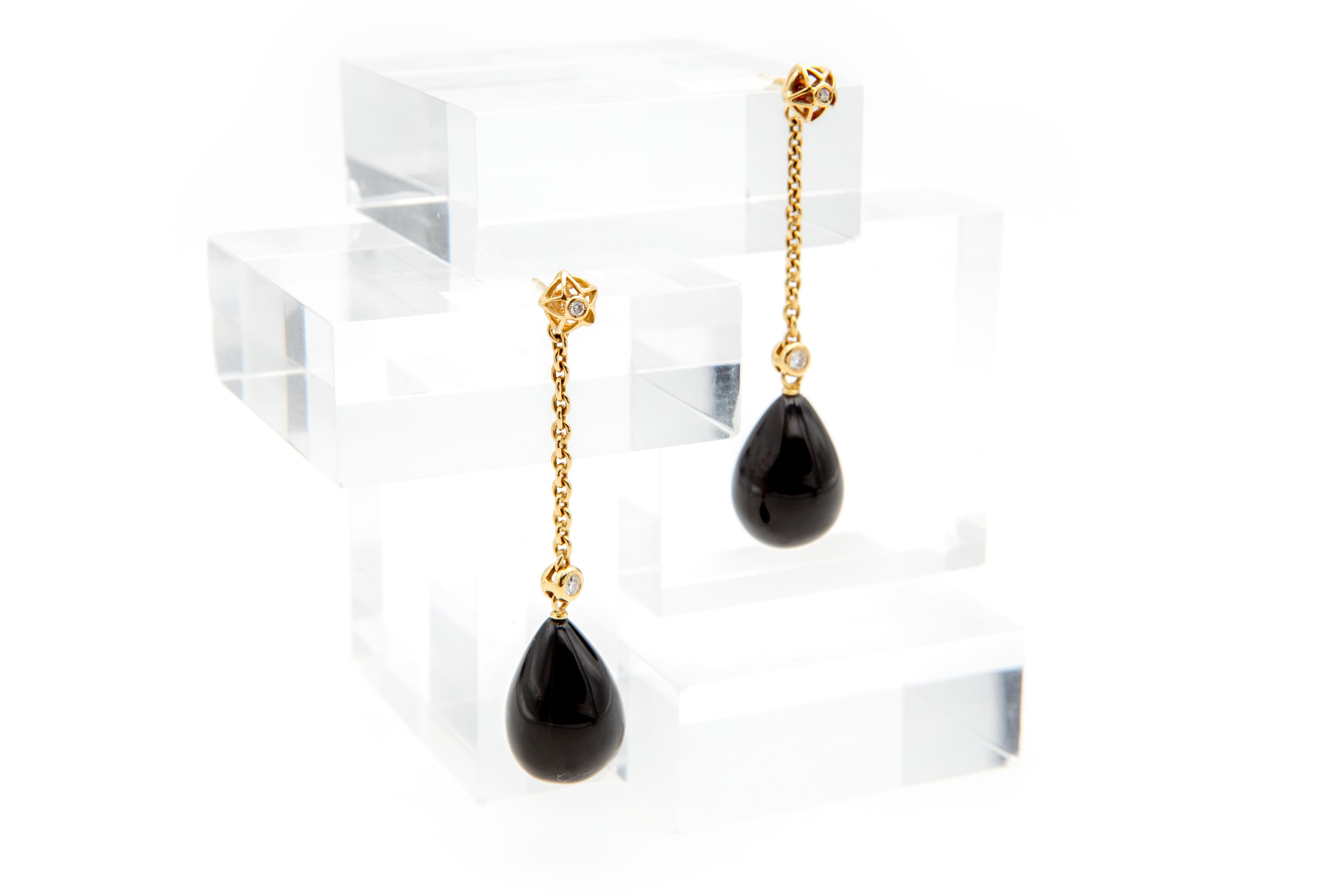 Brilliant Cut Black Onyx and Diamonds Long Gold Pendant Earrings 