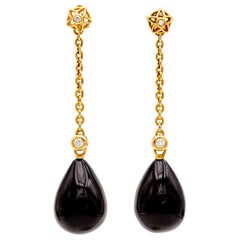 Black Onyx and Diamonds Long Gold Pendant Earrings "Stagioni"