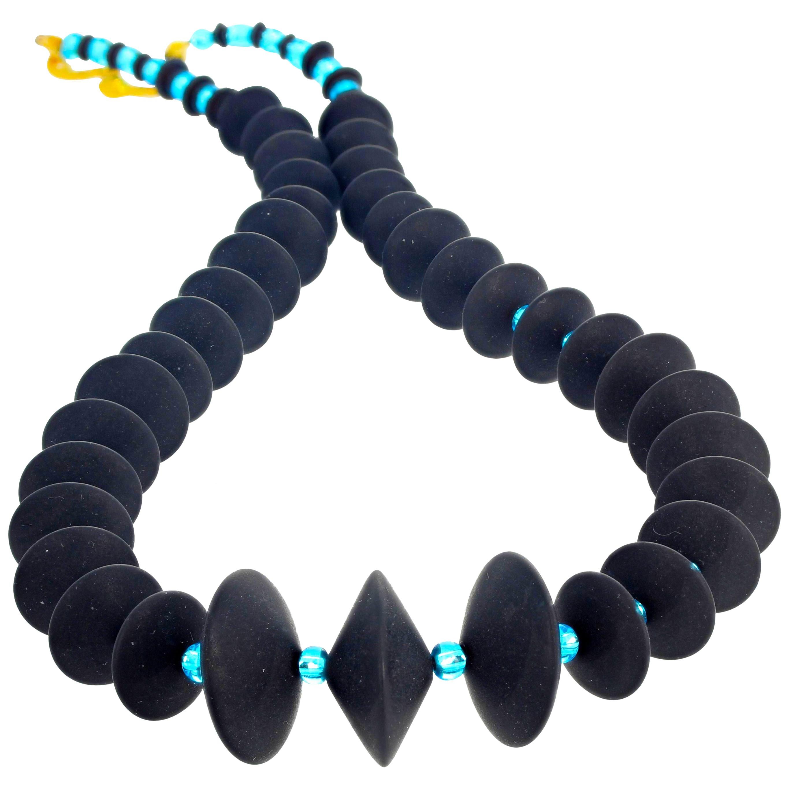 Gemjunky Art Deco Style 18" Black Onyx & Glittering Blue Crystal Necklace