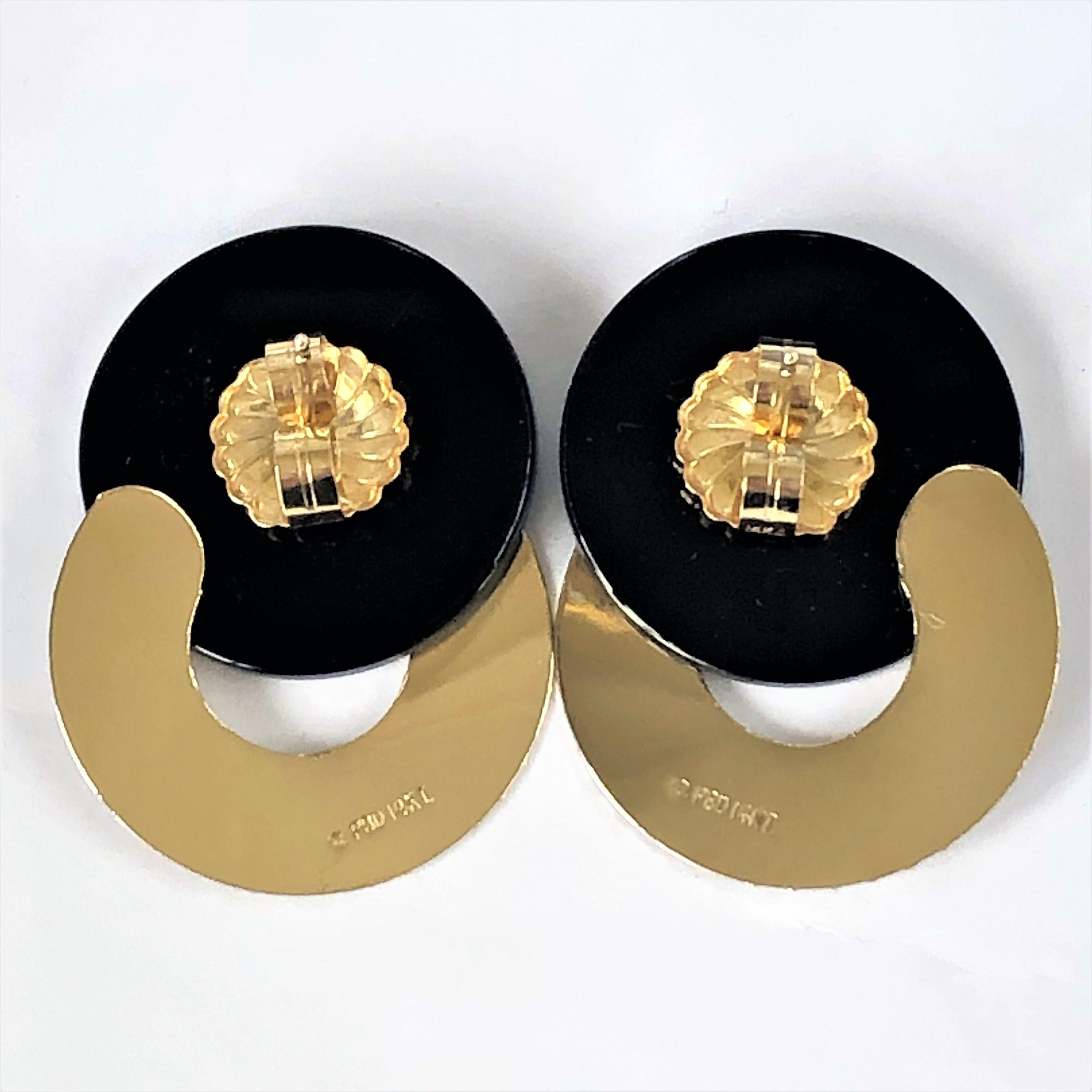 Women's or Men's Black Onyx and Gold Modernist Earrings