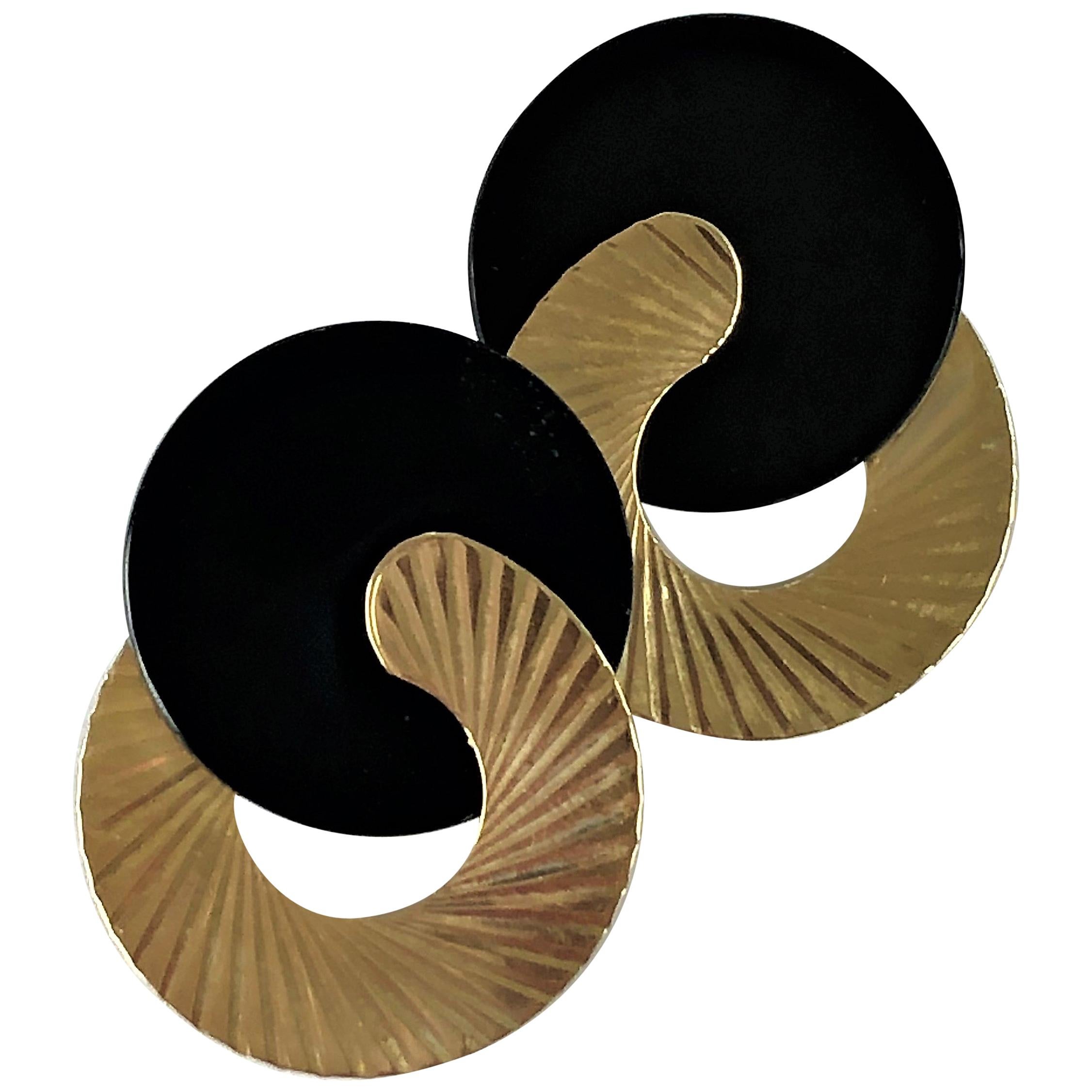 Black Onyx and Gold Modernist Earrings