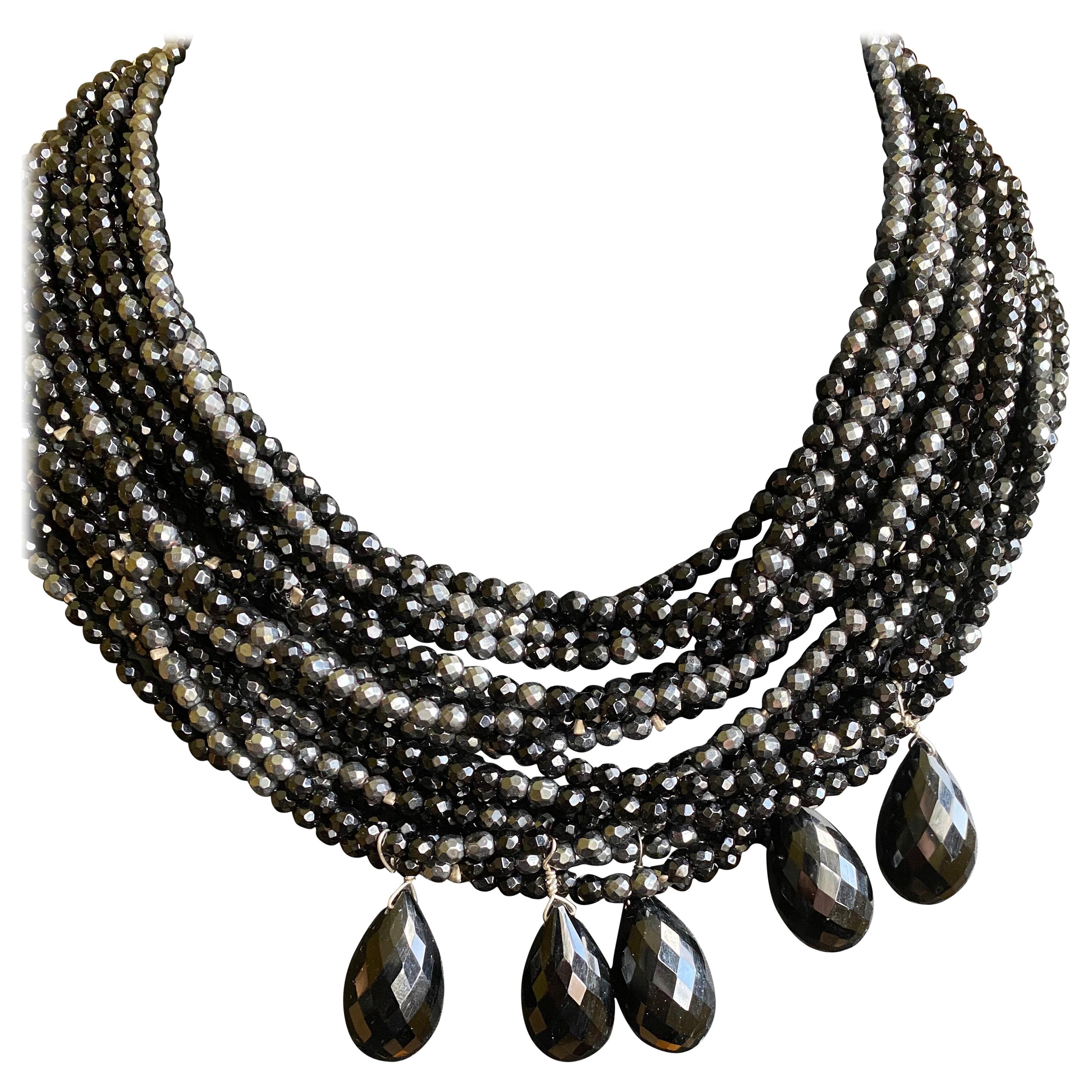 Black Onyx and Hematite Beaded Statement Necklace with Sterling Silver Clasp For Sale