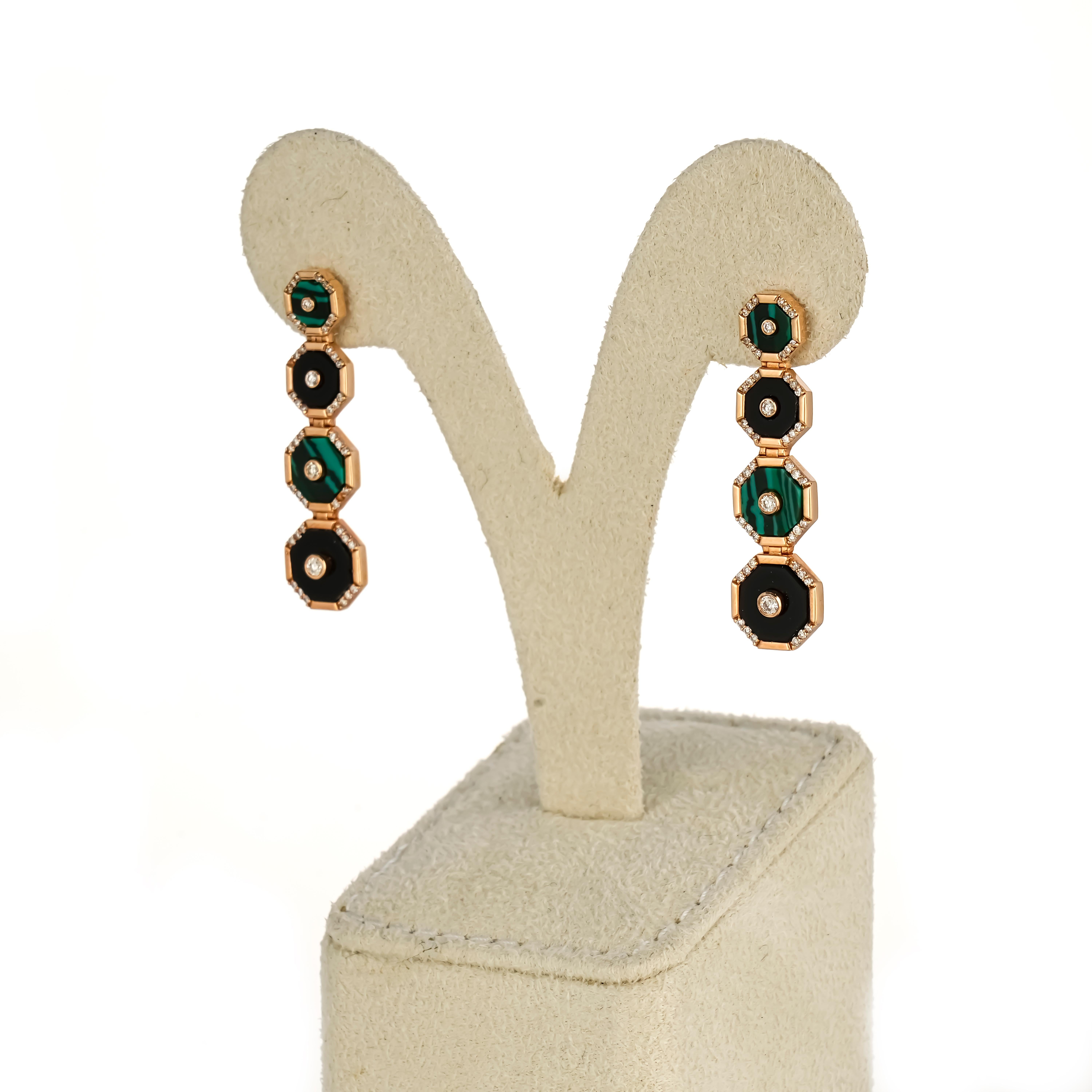 Modern Black Onyx and Malachite Dangle Earrings For Sale