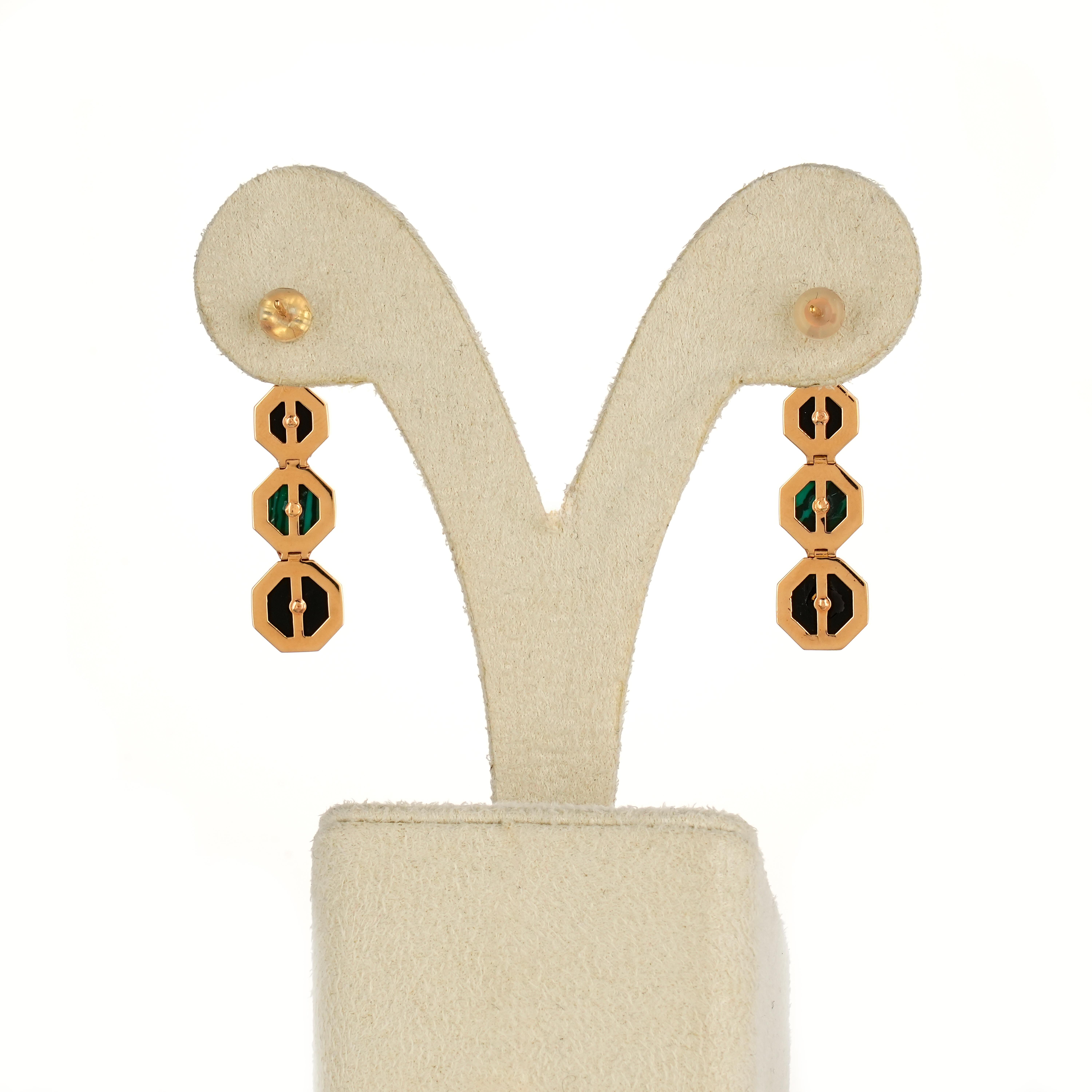Hexagon Cut Black Onyx and Malachite Dangle Earrings For Sale