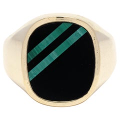 Black Onyx and Malachite Ring, 14KT Yellow Gold, Ring Size 10, Large Statement