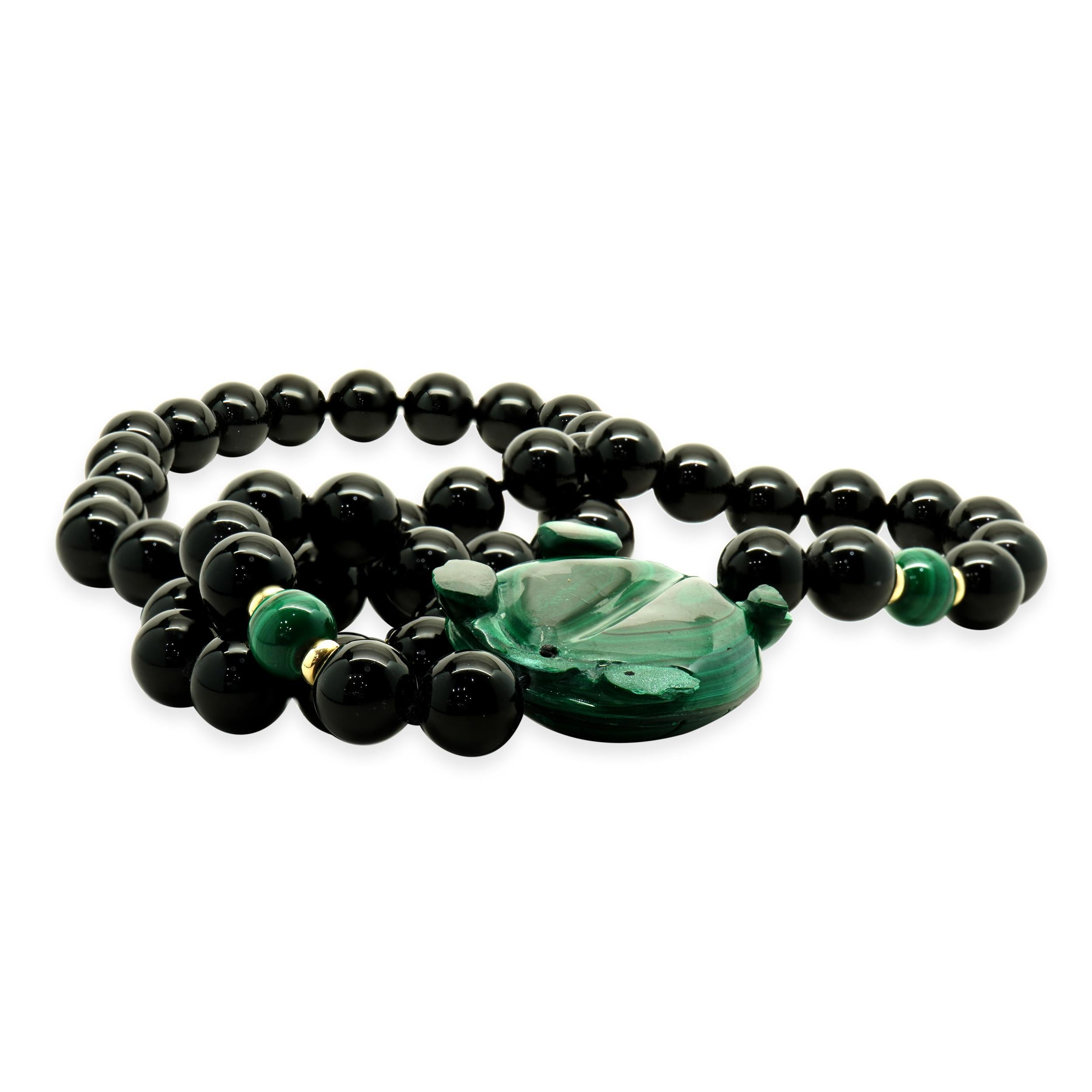 Round Cut Black Onyx and Malachite Turtle Beaded Necklace