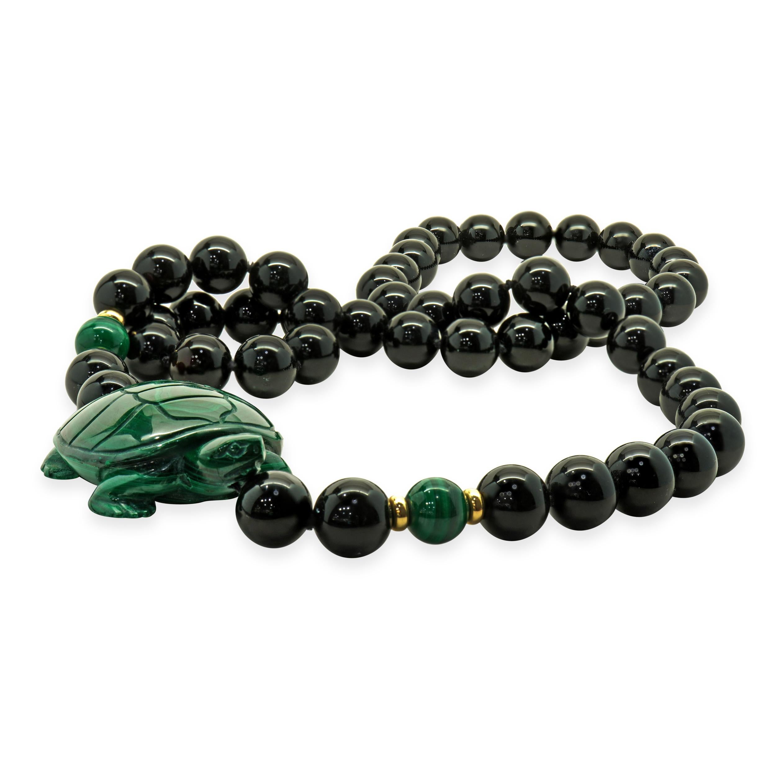 Black Onyx and Malachite Turtle Beaded Necklace In Excellent Condition In Scottsdale, AZ