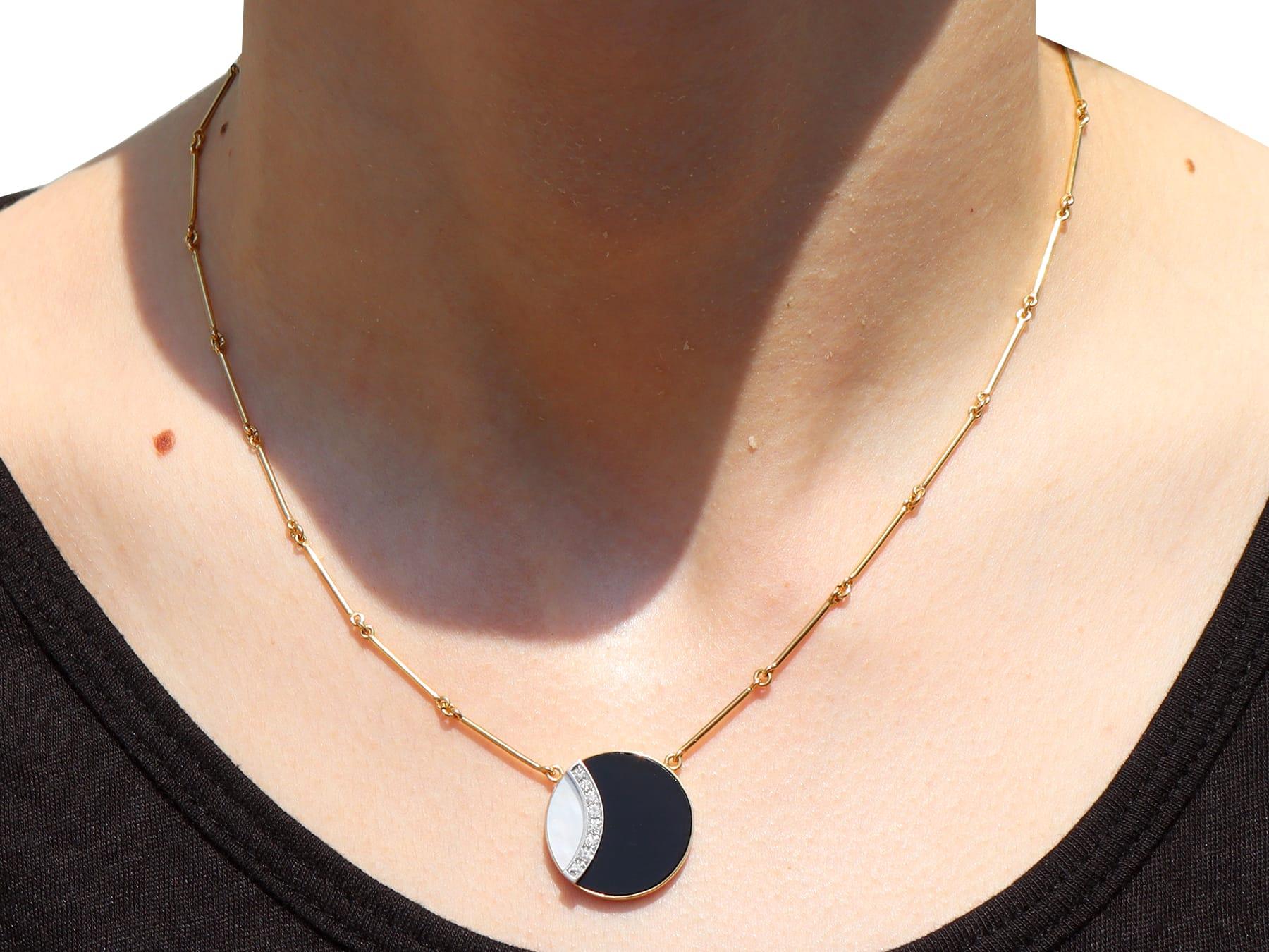 Black Onyx and Mother of Pearl Diamond Yellow Gold Necklace For Sale 2