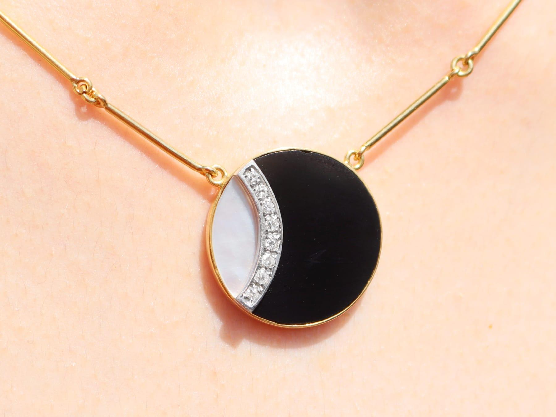 Black Onyx and Mother of Pearl Diamond Yellow Gold Necklace For Sale 3