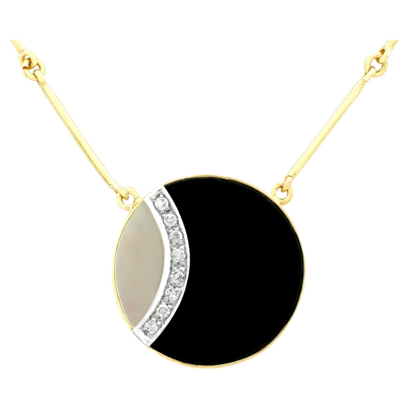 Black Onyx and Mother of Pearl Diamond Yellow Gold Necklace For Sale