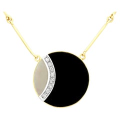 Retro Black Onyx and Mother of Pearl Diamond Yellow Gold Necklace