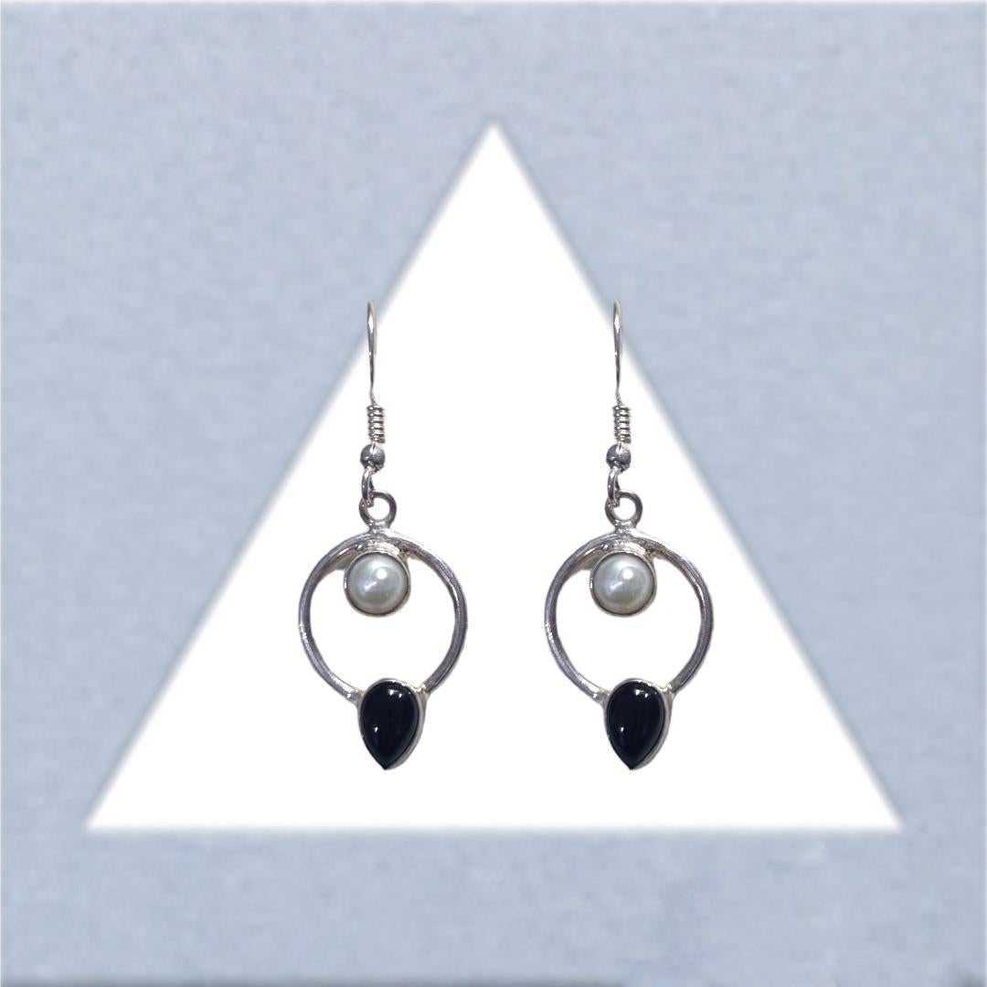 Pear Cut Black Onyx and Pearls Earrings For Sale