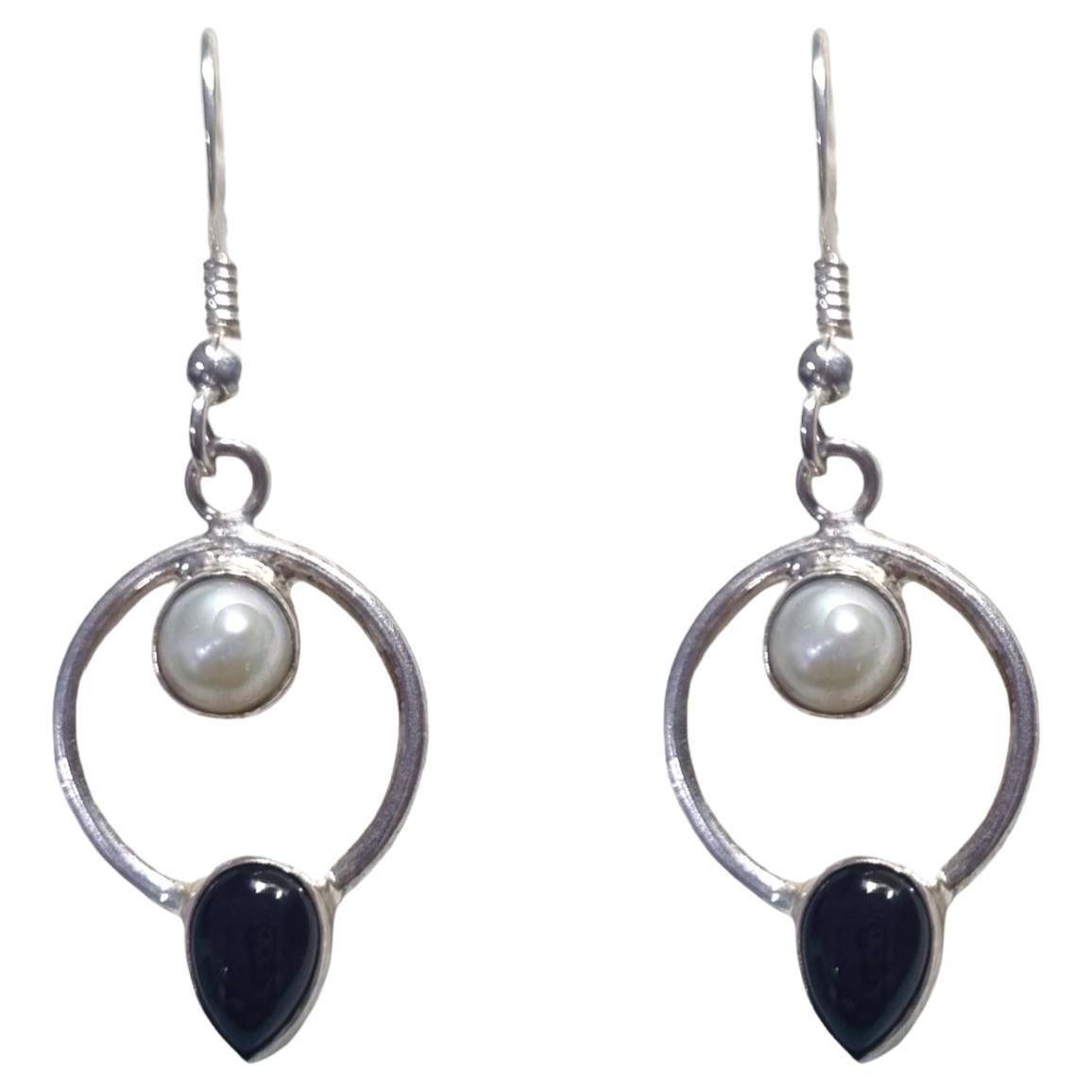 Black Onyx and Pearls Earrings For Sale